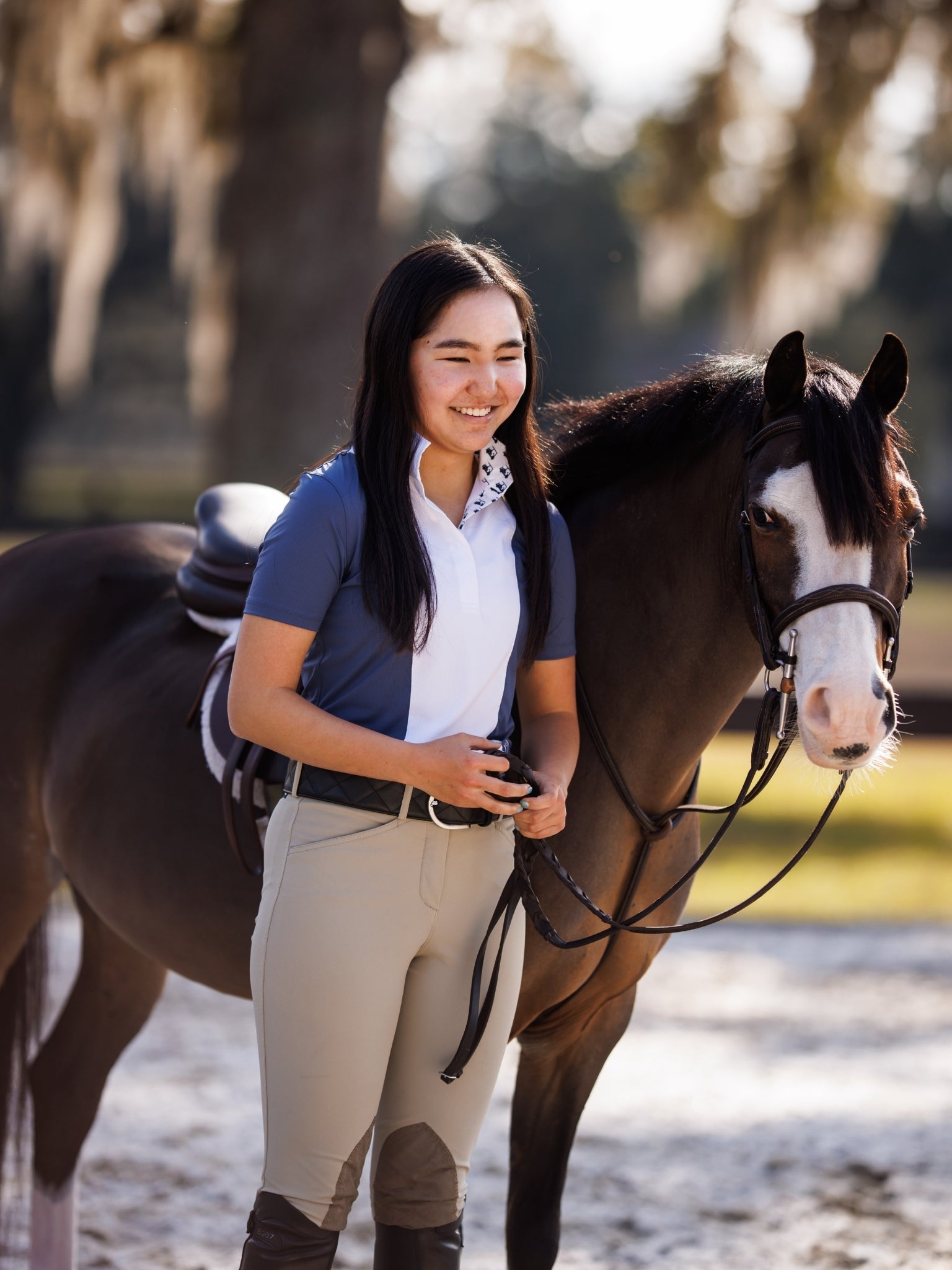 Essex Classics Ladies "Luna II" Marine Blue with Golf Carts Short Sleeve Performance Show Shirt - Equiluxe Tack