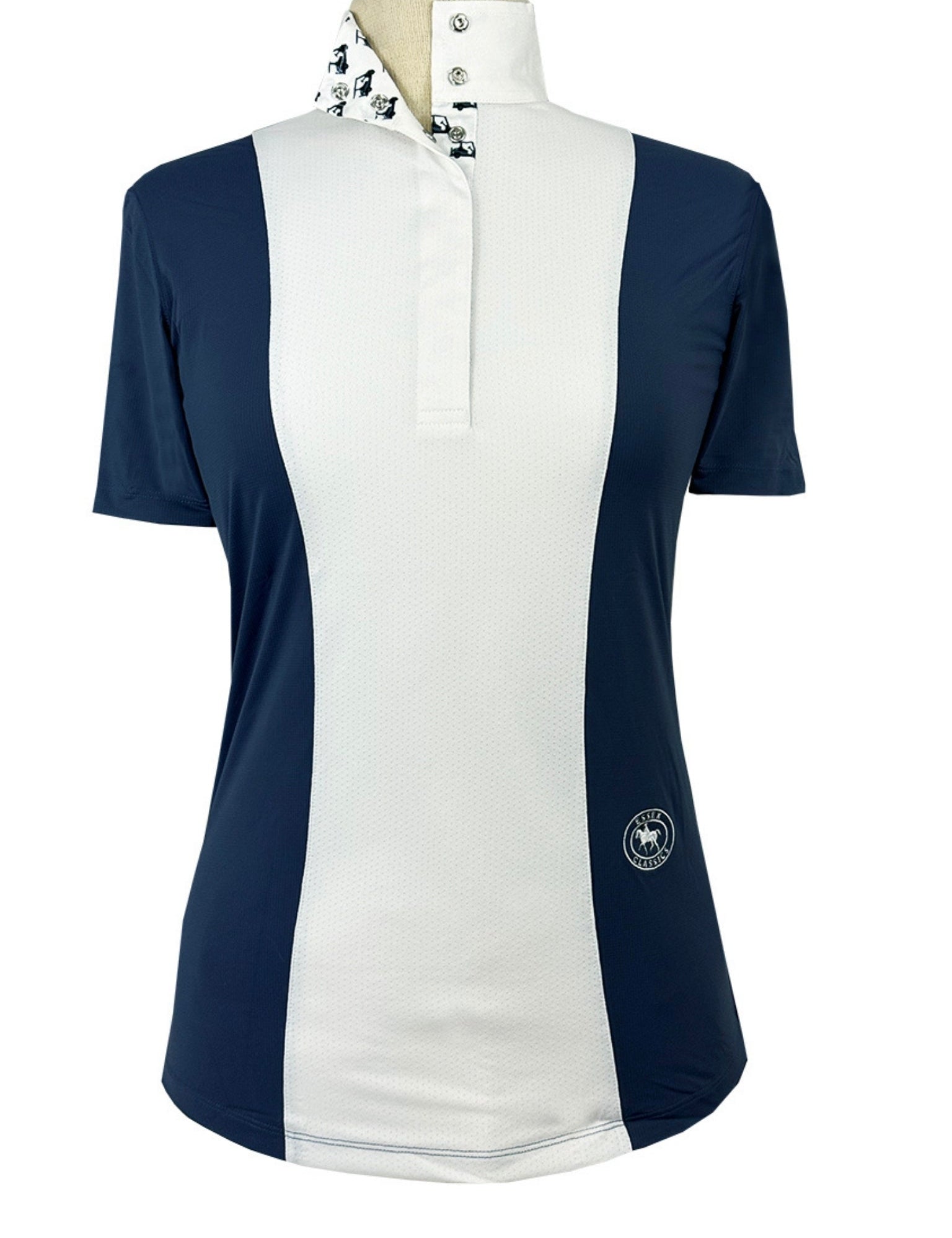 Essex Classics Ladies "Luna II" Marine Blue with Golf Carts Short Sleeve Performance Show Shirt - Equiluxe Tack