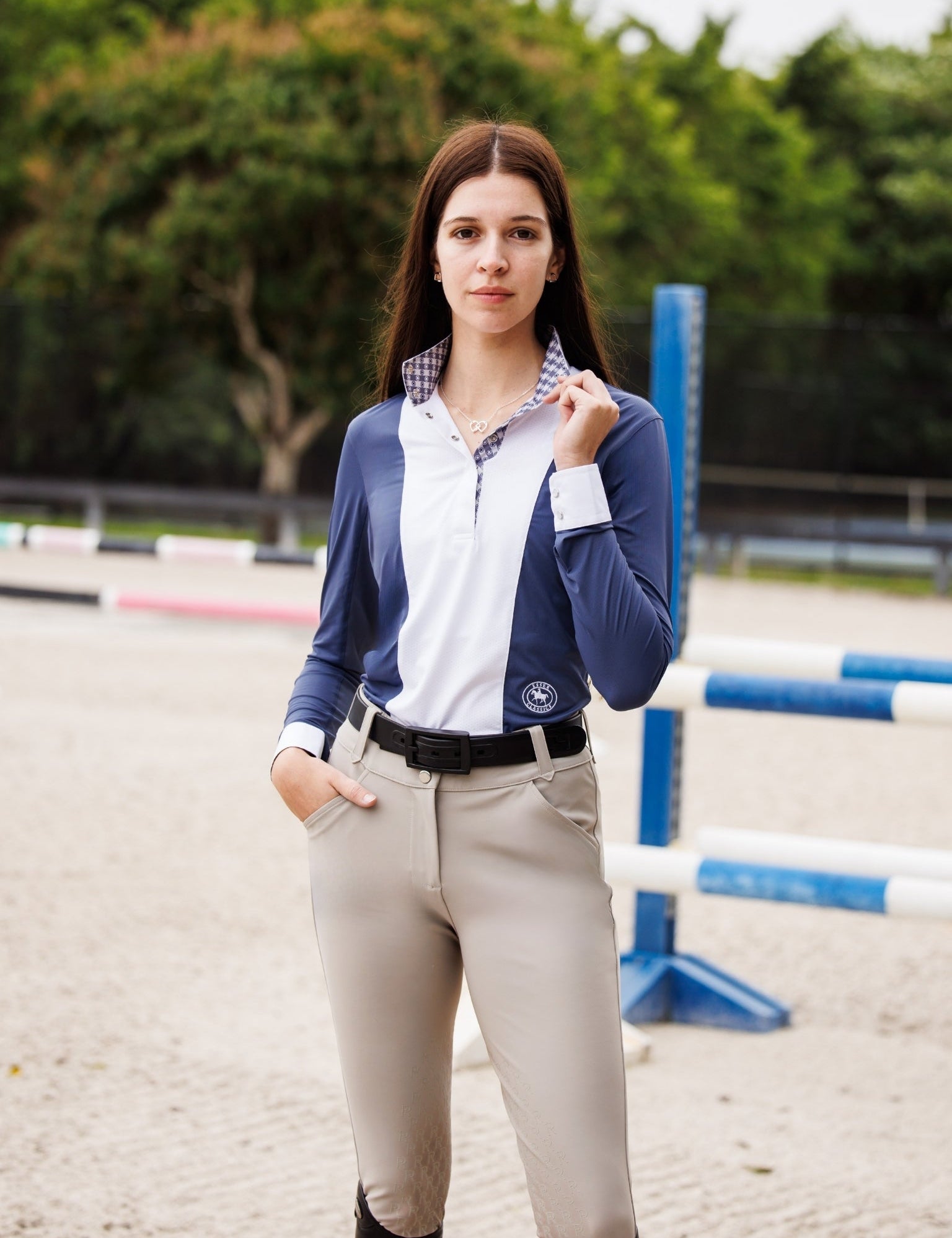 Essex Classics Ladies "Luna II" Marine Blue with Lone Star Long Sleeve Performance Show Shirt - Equiluxe Tack
