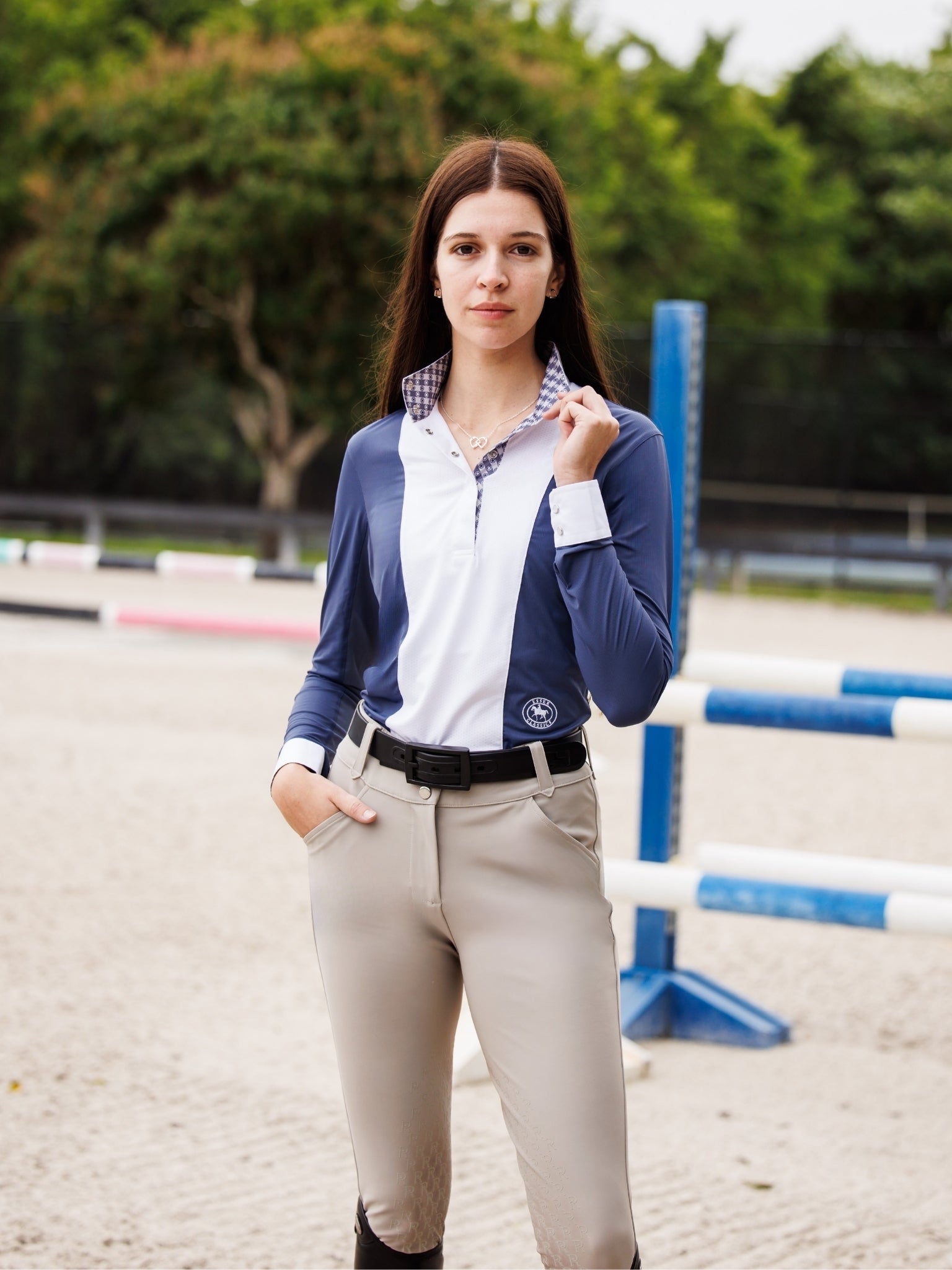 Essex Classics Ladies "Luna II" Marine Blue with Lone Star Long Sleeve Performance Show Shirt - Equiluxe Tack