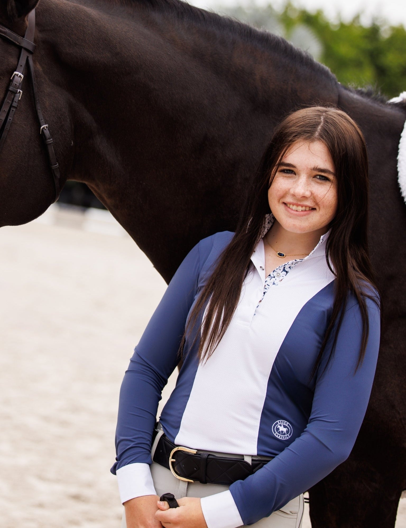 Essex Classics Ladies "Luna II" Marine Blue with Woof & Whimsy Long Sleeve Performance Show Shirt - Equiluxe Tack