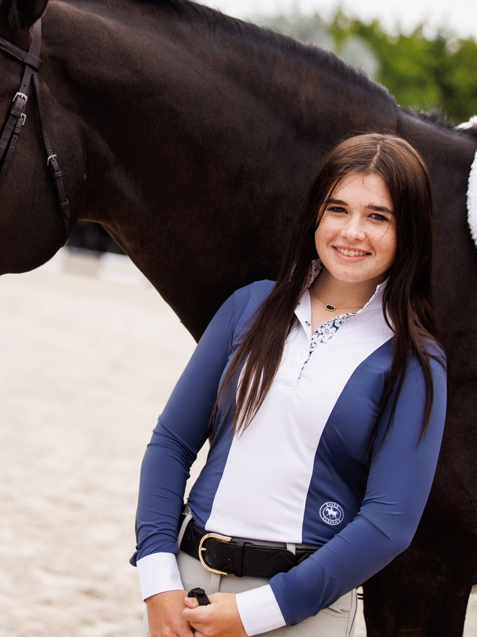 Essex Classics Ladies "Luna II" Marine Blue with Woof & Whimsy Long Sleeve Performance Show Shirt - Equiluxe Tack