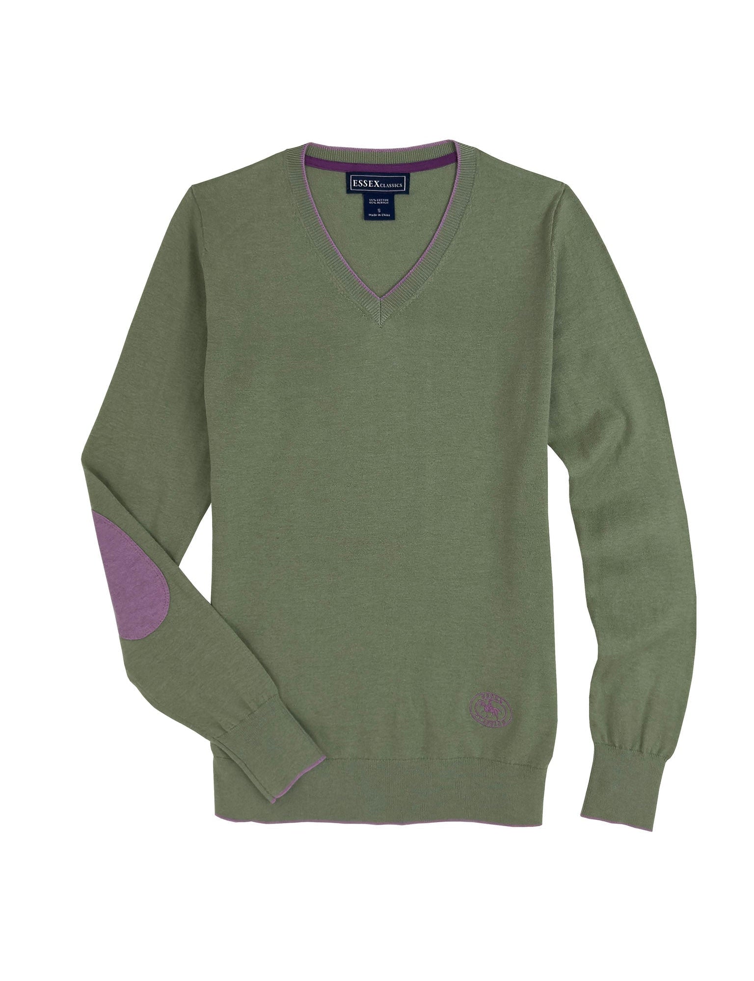 Essex Classics Moss Green with Mauve Trey V - Neck Sweater - Essex Classics - Equiluxe Tack