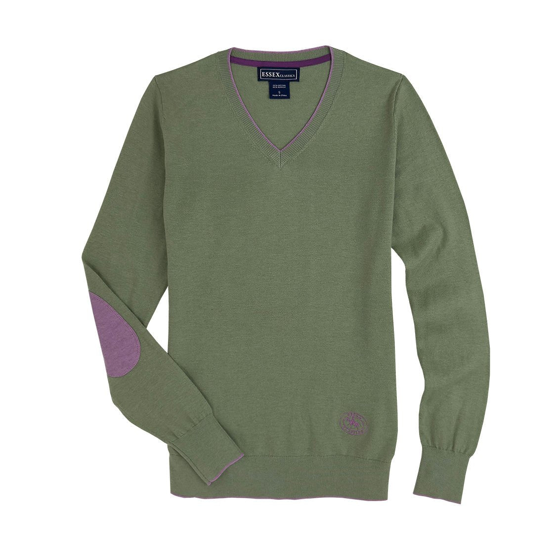 Essex Classics Moss Green with Mauve Trey V - Neck Sweater - Essex Classics - Equiluxe Tack