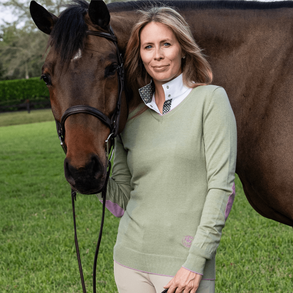 Essex Classics Moss Green with Mauve Trey V - Neck Sweater - Essex Classics - Equiluxe Tack