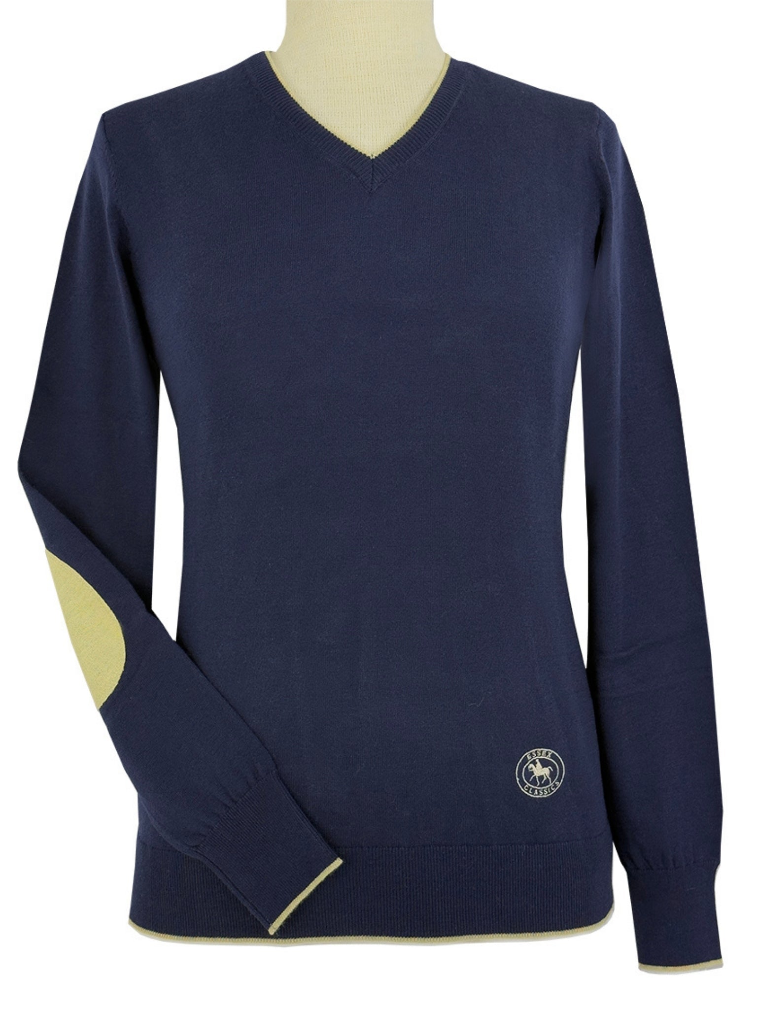 Essex Classics Navy with Tan Trey V-Neck Sweater - Equiluxe Tack