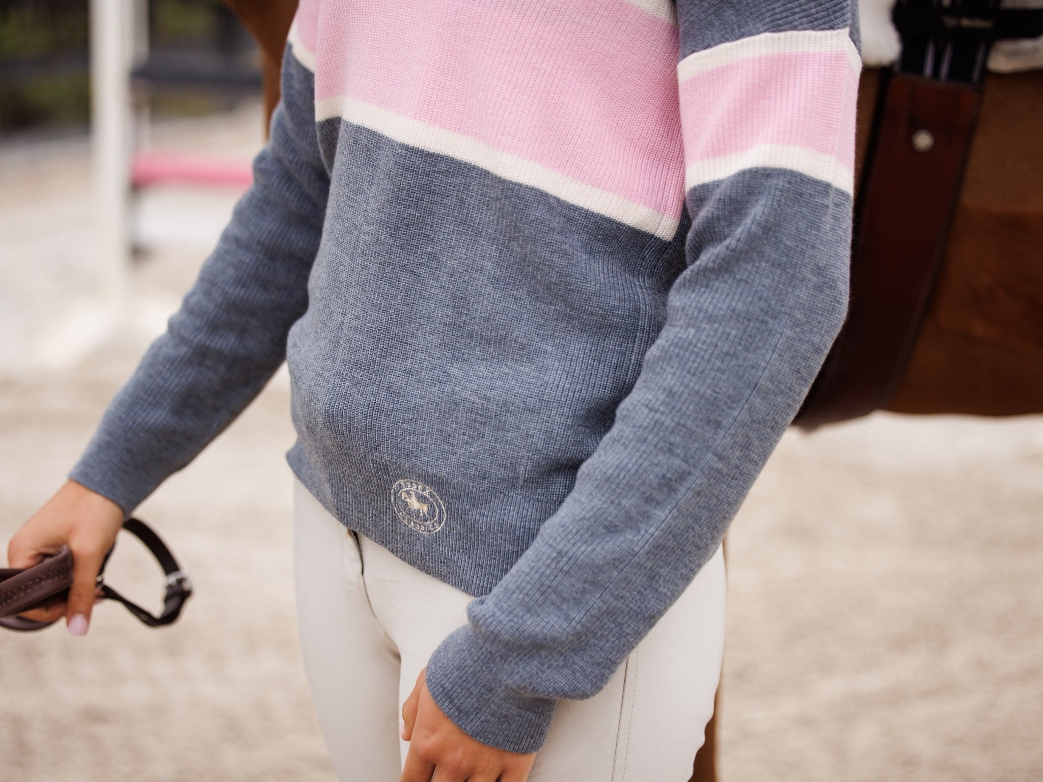 Essex Classics Oxford Quarter Zip Sweater - Grey & Pink - Equiluxe Tack