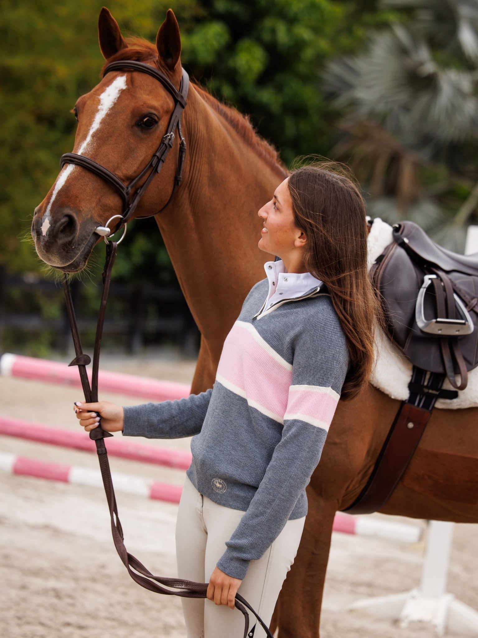 Essex Classics Oxford Quarter Zip Sweater - Grey & Pink - Equiluxe Tack