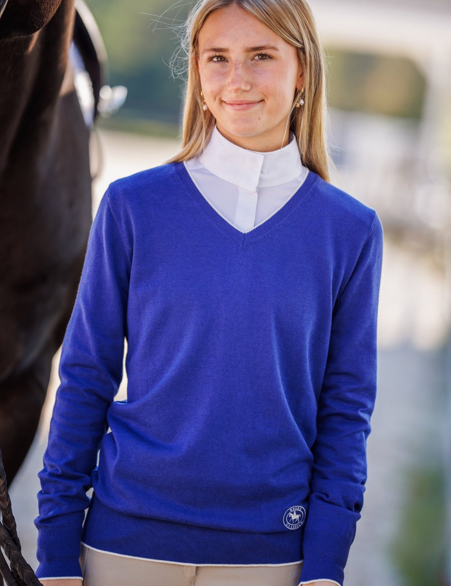 Essex Classics Sapphire with Ivory Trey V - Neck Sweater - Essex Classics - Equiluxe Tack