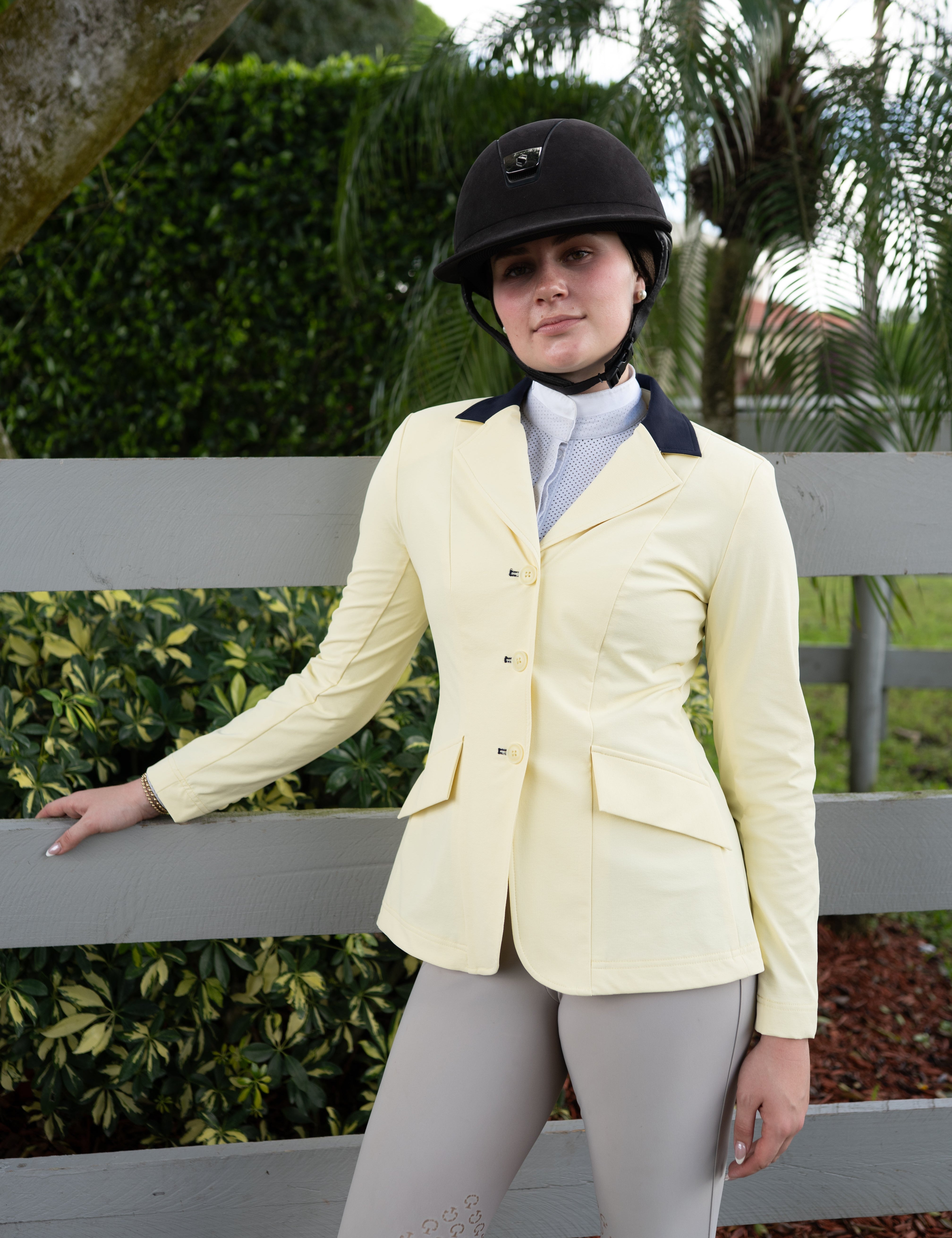 Grand Prix Ladies EQJ 3 Button Show Coat, Butter with Navy Collar - Equiluxe Tack