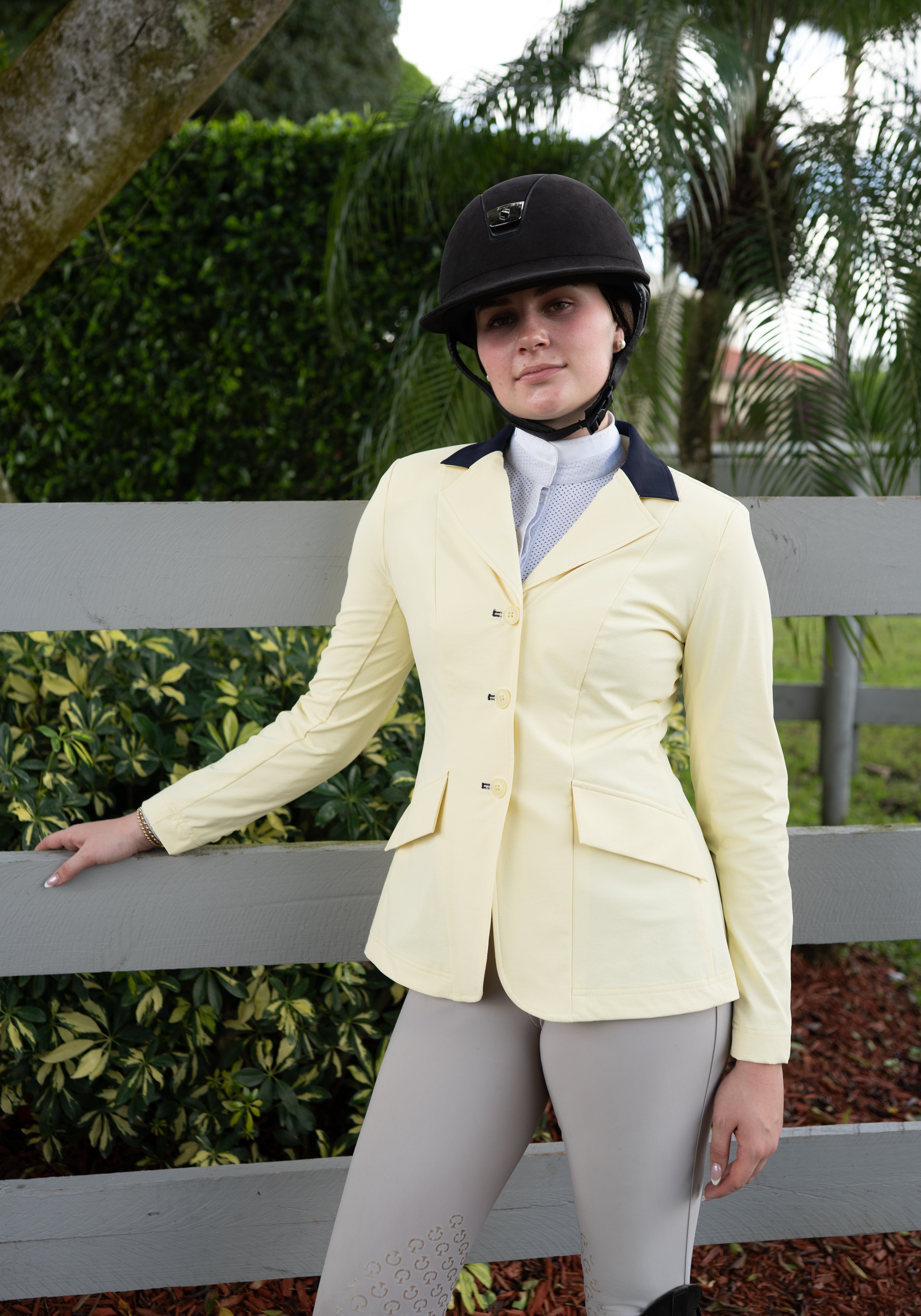 Grand Prix Ladies EQJ 3 Button Show Coat, Butter with Navy Collar - Equiluxe Tack