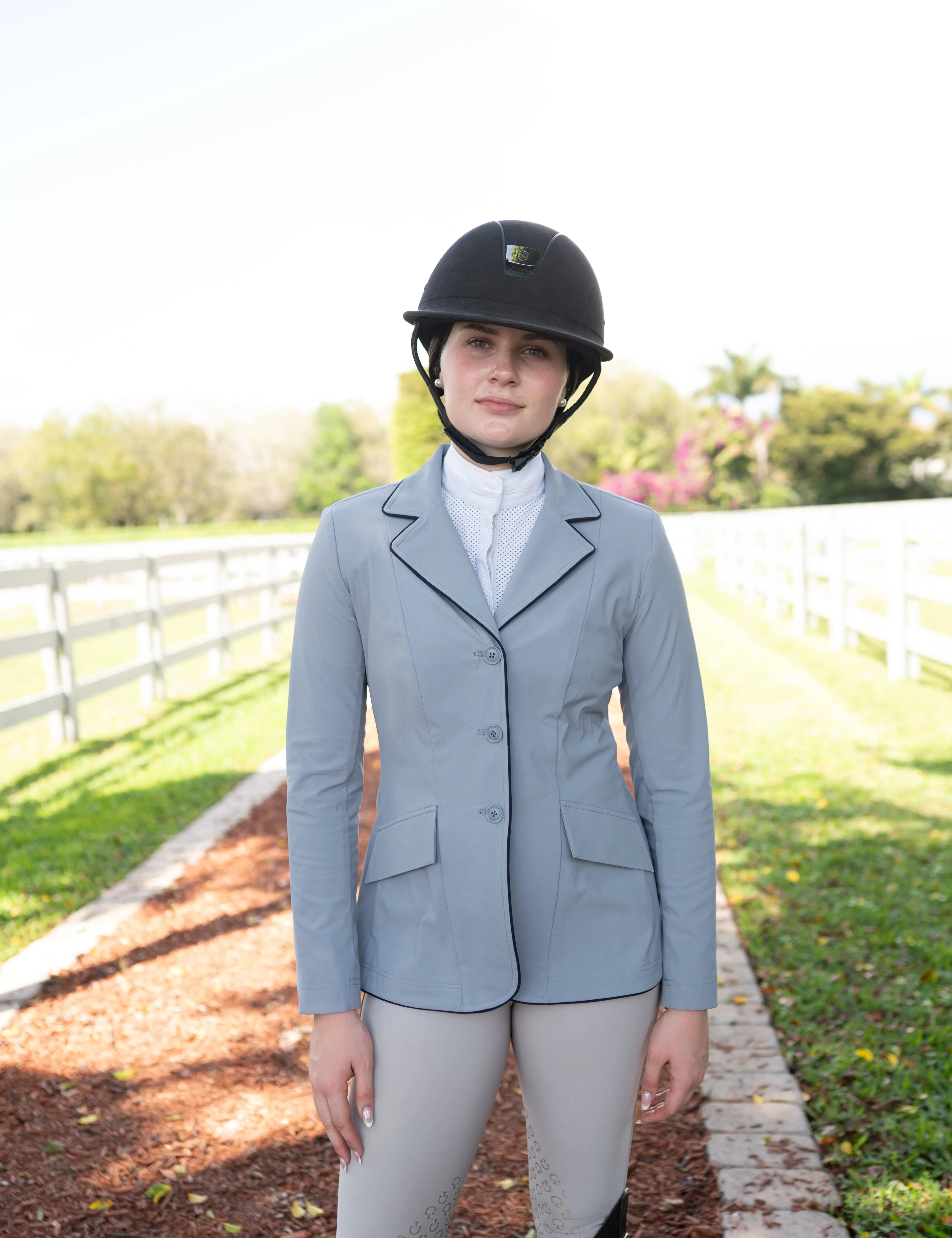 Grand Prix Ladies EQJ 3 Button Show Coat, Cadet Blue with Navy Piping - Equiluxe Tack