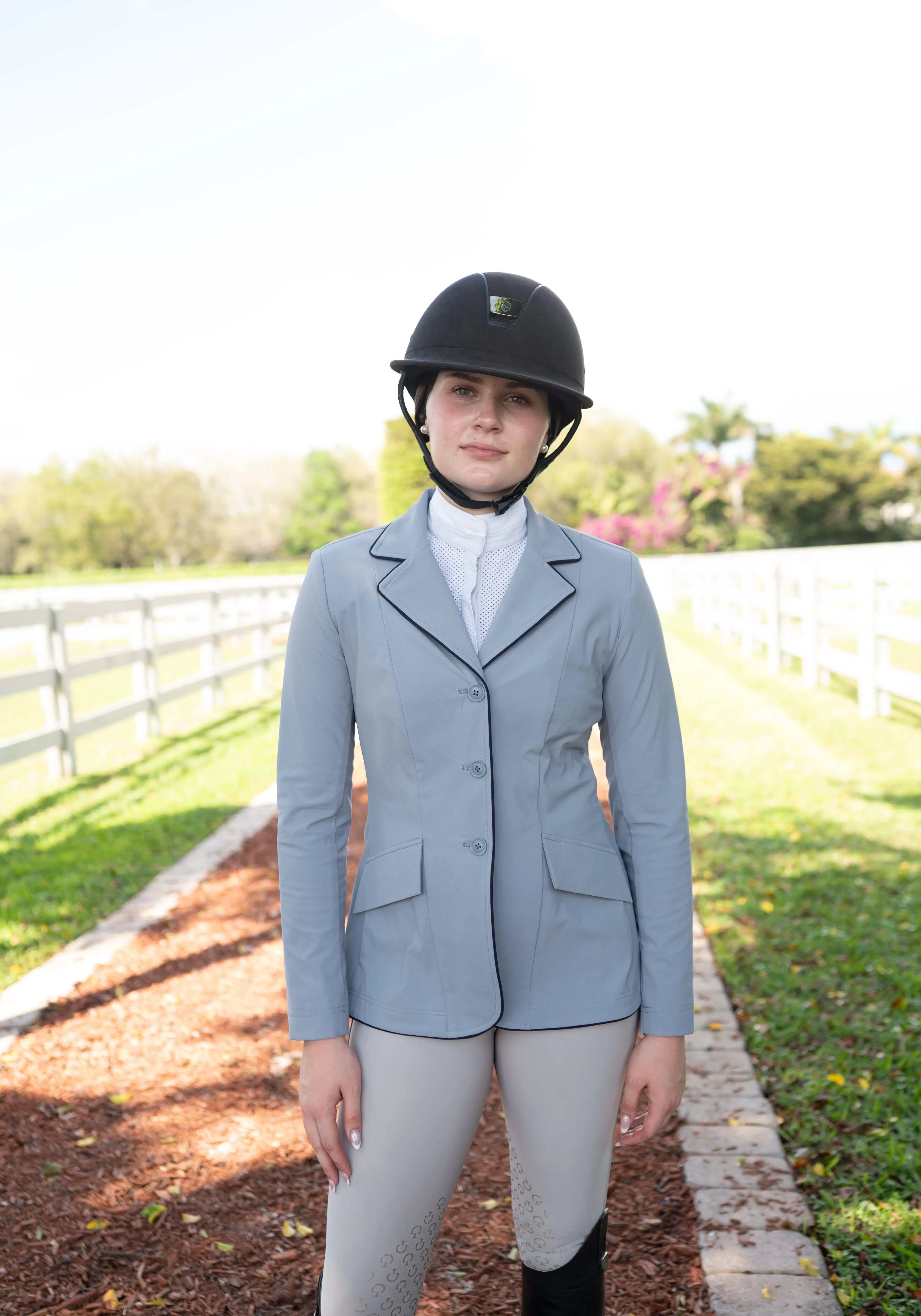 Grand Prix Ladies EQJ 3 Button Show Coat, Cadet Blue with Navy Piping - Equiluxe Tack