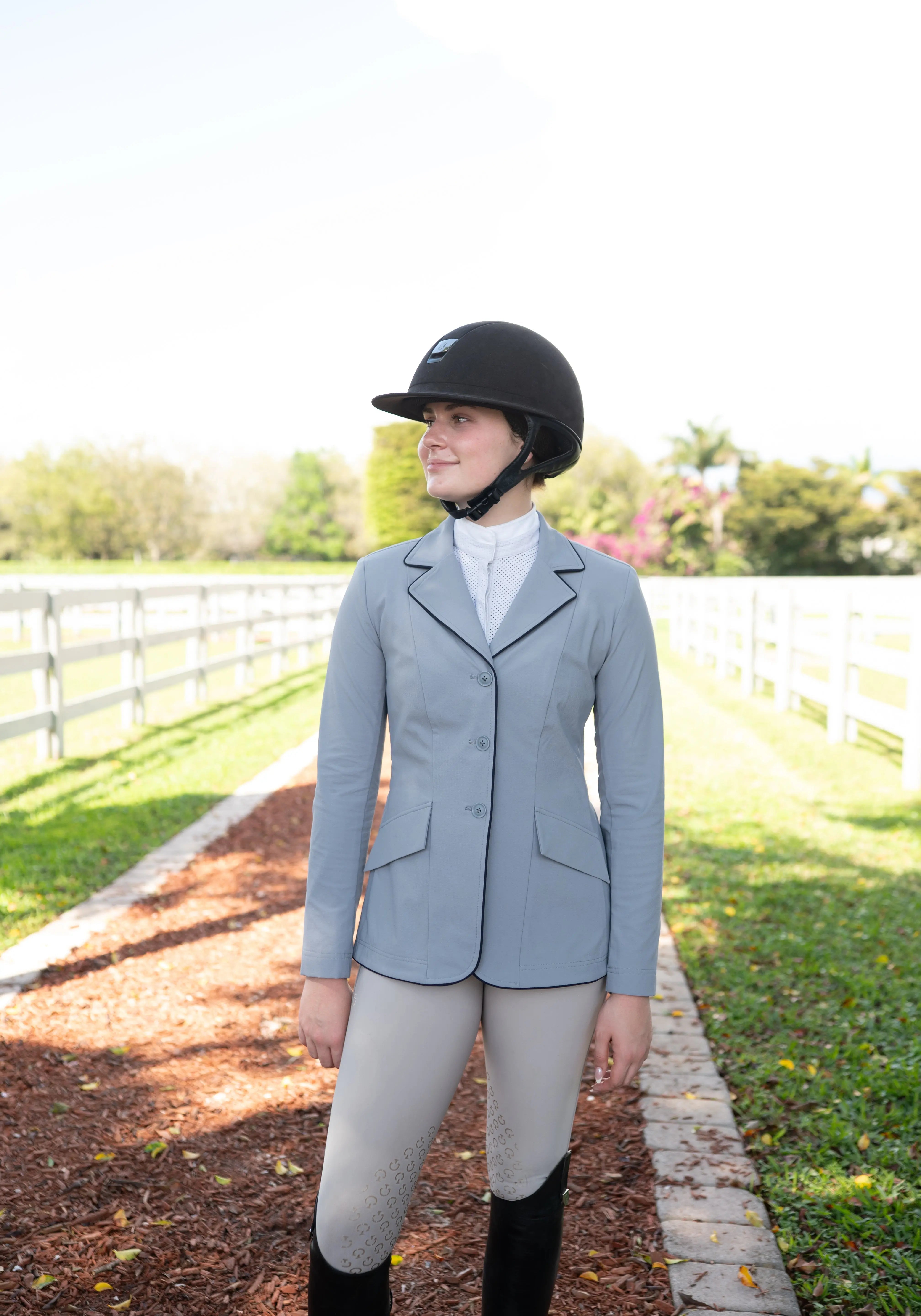 Grand Prix Ladies EQJ 3 Button Show Coat, Cadet Blue with Navy Piping - Equiluxe Tack
