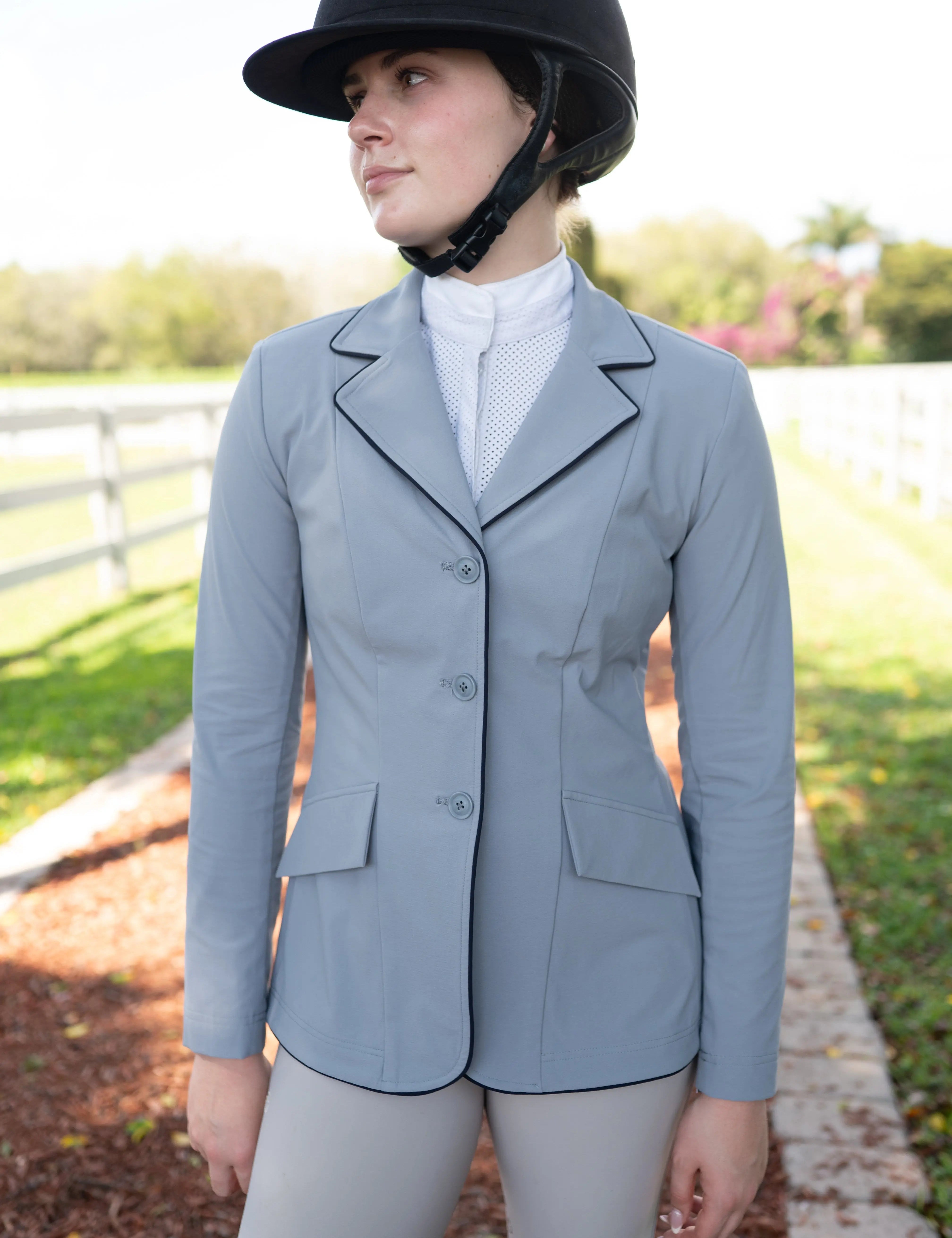 Grand Prix Ladies EQJ 3 Button Show Coat, Cadet Blue with Navy Piping - Equiluxe Tack
