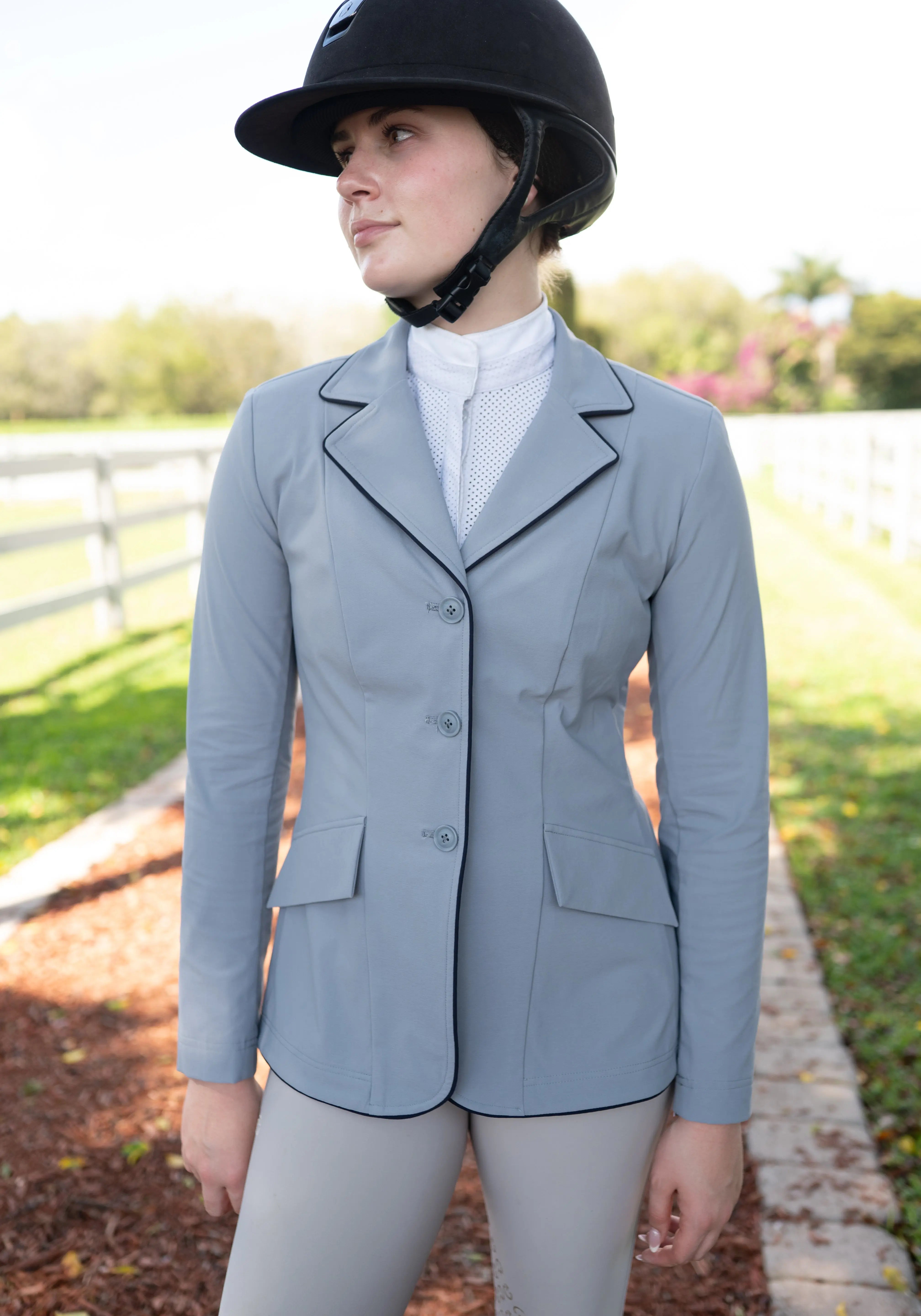 Grand Prix Ladies EQJ 3 Button Show Coat, Cadet Blue with Navy Piping - Equiluxe Tack