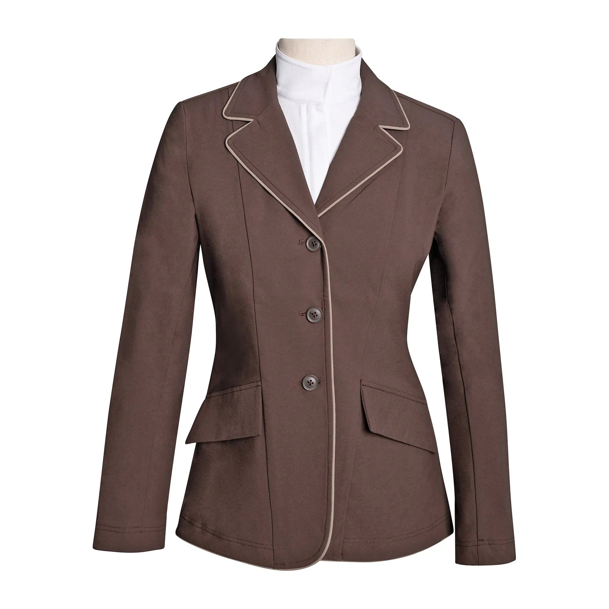Grand Prix Ladies EQJ 3 Button Show Coat, Chocolate with Tan Piping - Equiluxe Tack