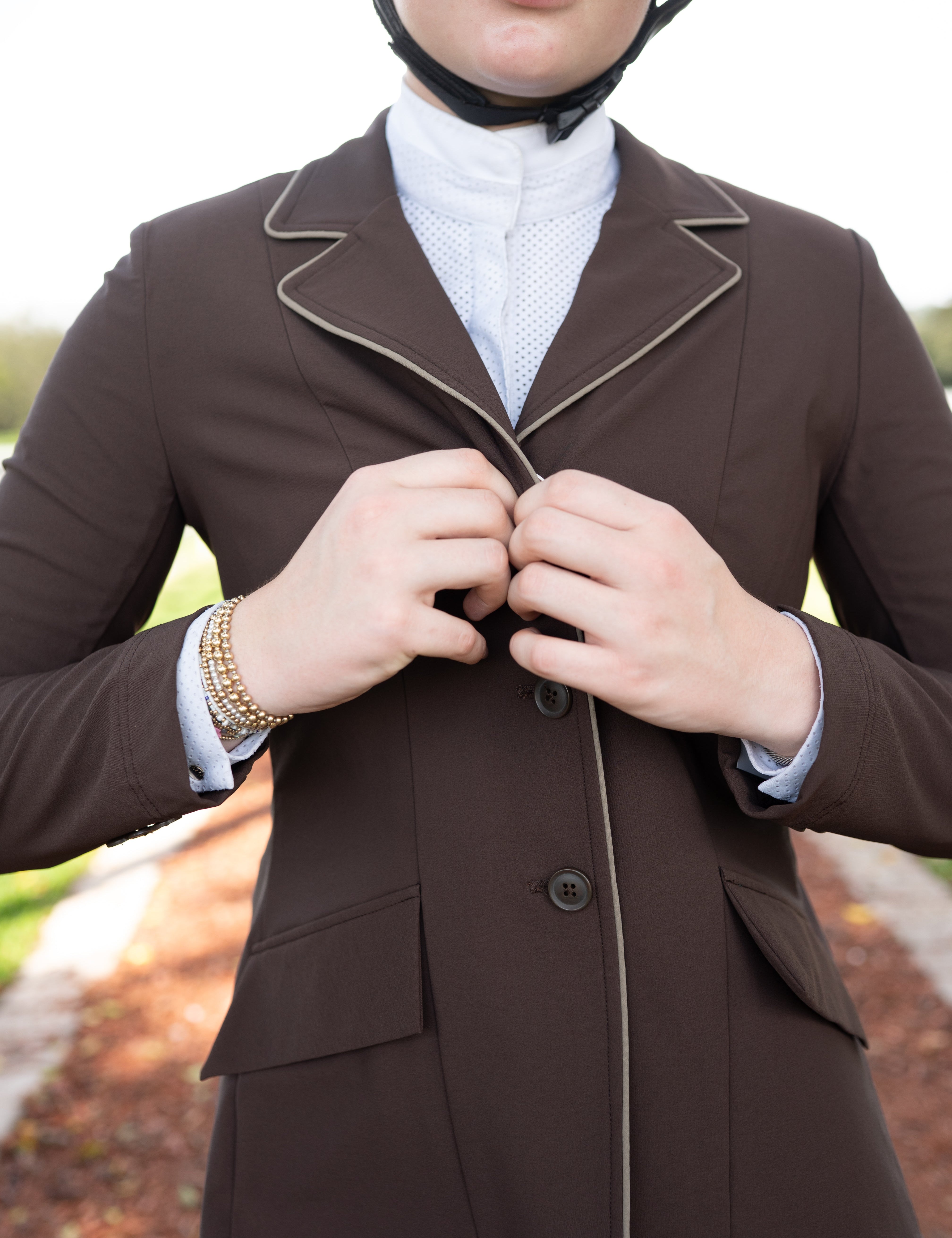 Grand Prix Ladies EQJ 3 Button Show Coat, Chocolate with Tan Piping - Equiluxe Tack