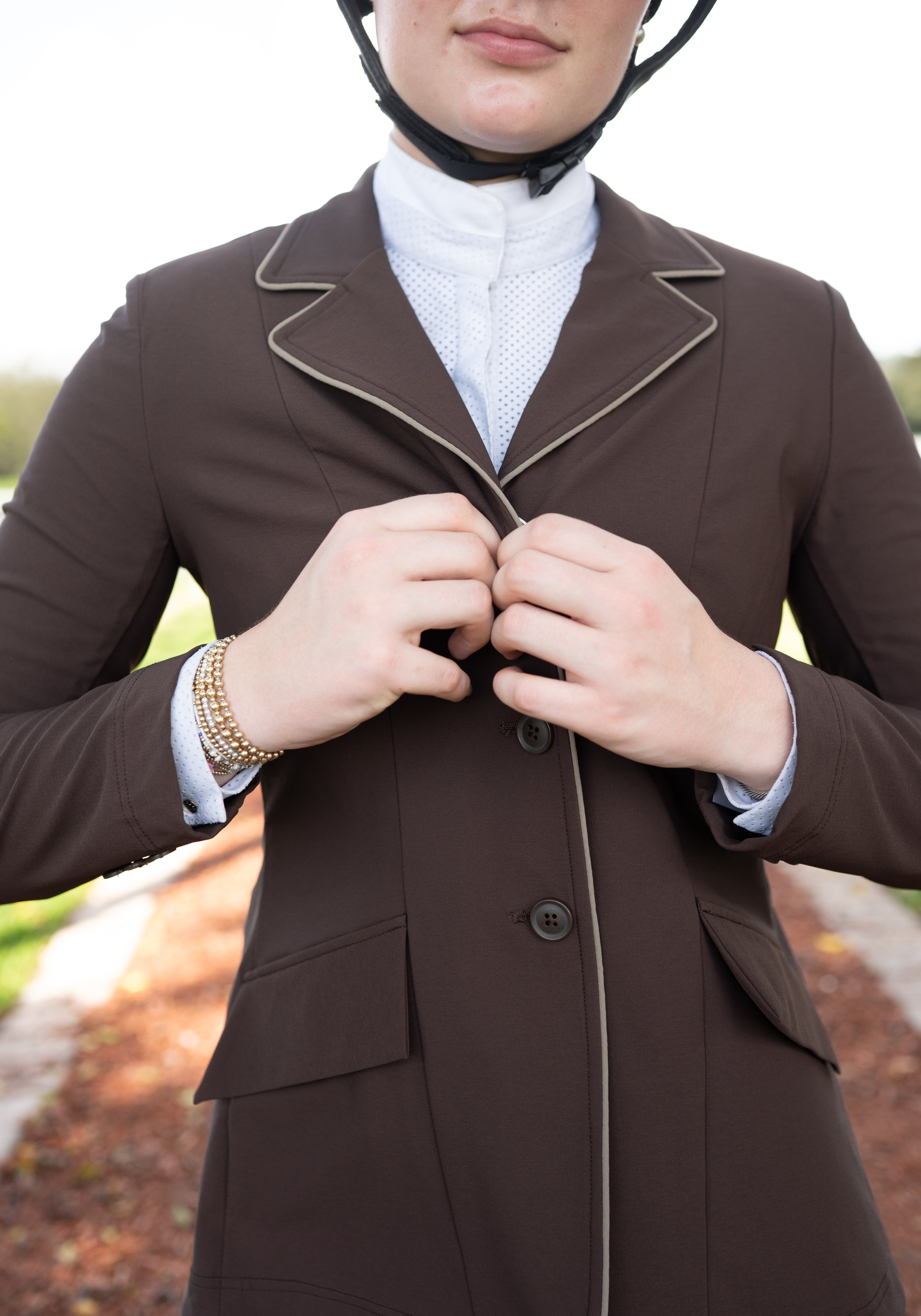Grand Prix Ladies EQJ 3 Button Show Coat, Chocolate with Tan Piping - Equiluxe Tack