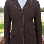 Grand Prix Ladies EQJ 3 Button Show Coat, Chocolate with Tan Piping - Equiluxe Tack