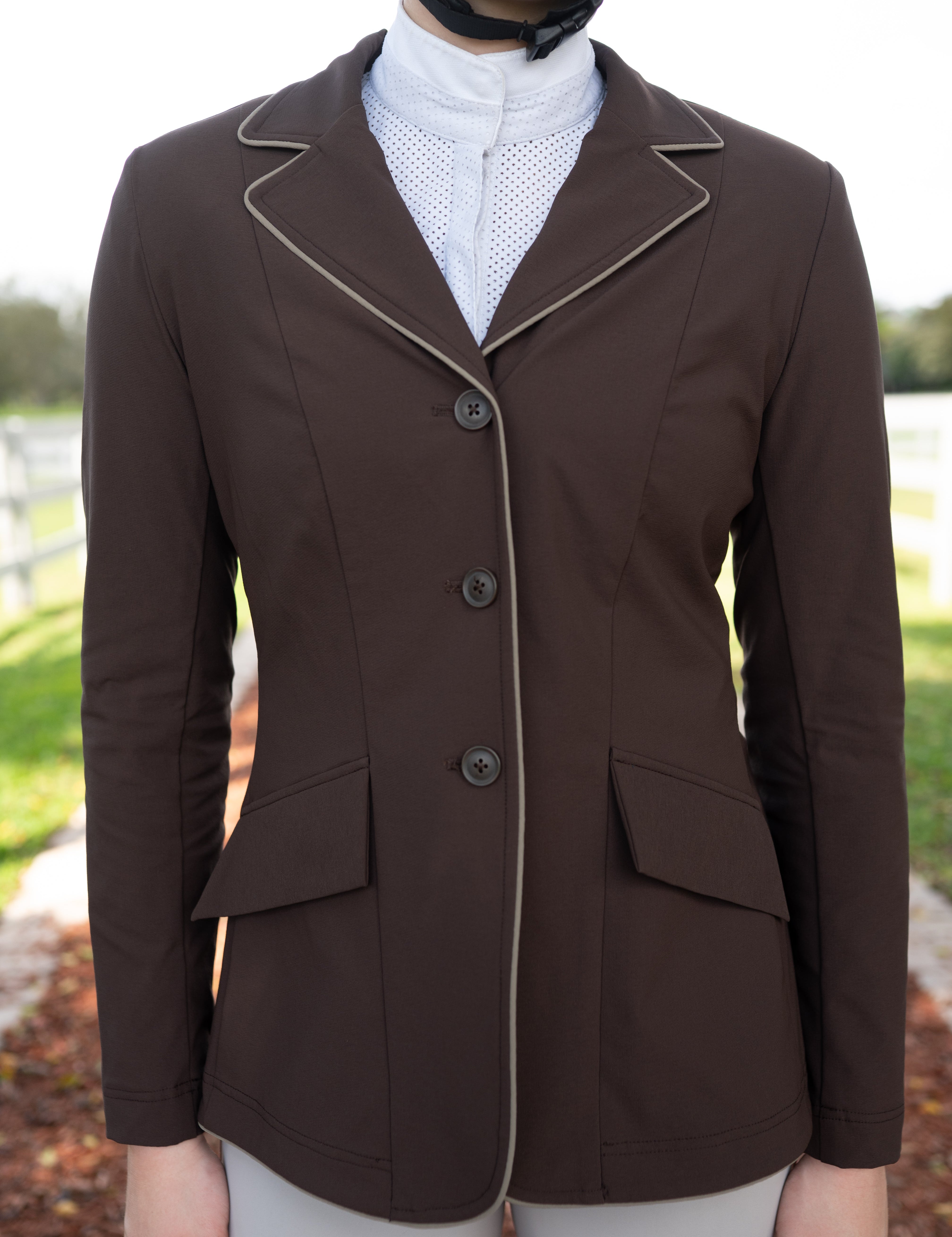 Grand Prix Ladies EQJ 3 Button Show Coat, Chocolate with Tan Piping - Equiluxe Tack
