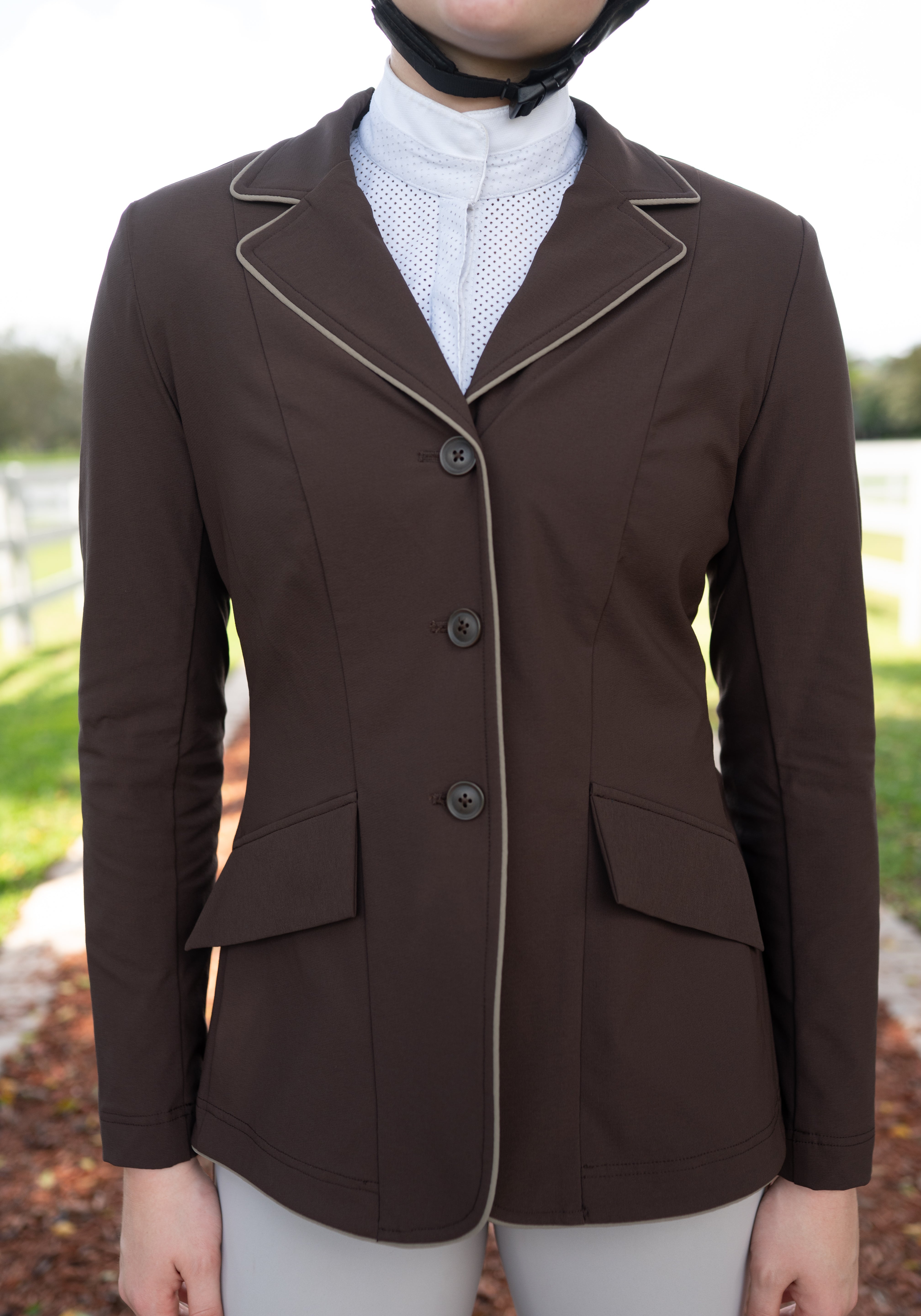 Grand Prix Ladies EQJ 3 Button Show Coat, Chocolate with Tan Piping - Equiluxe Tack