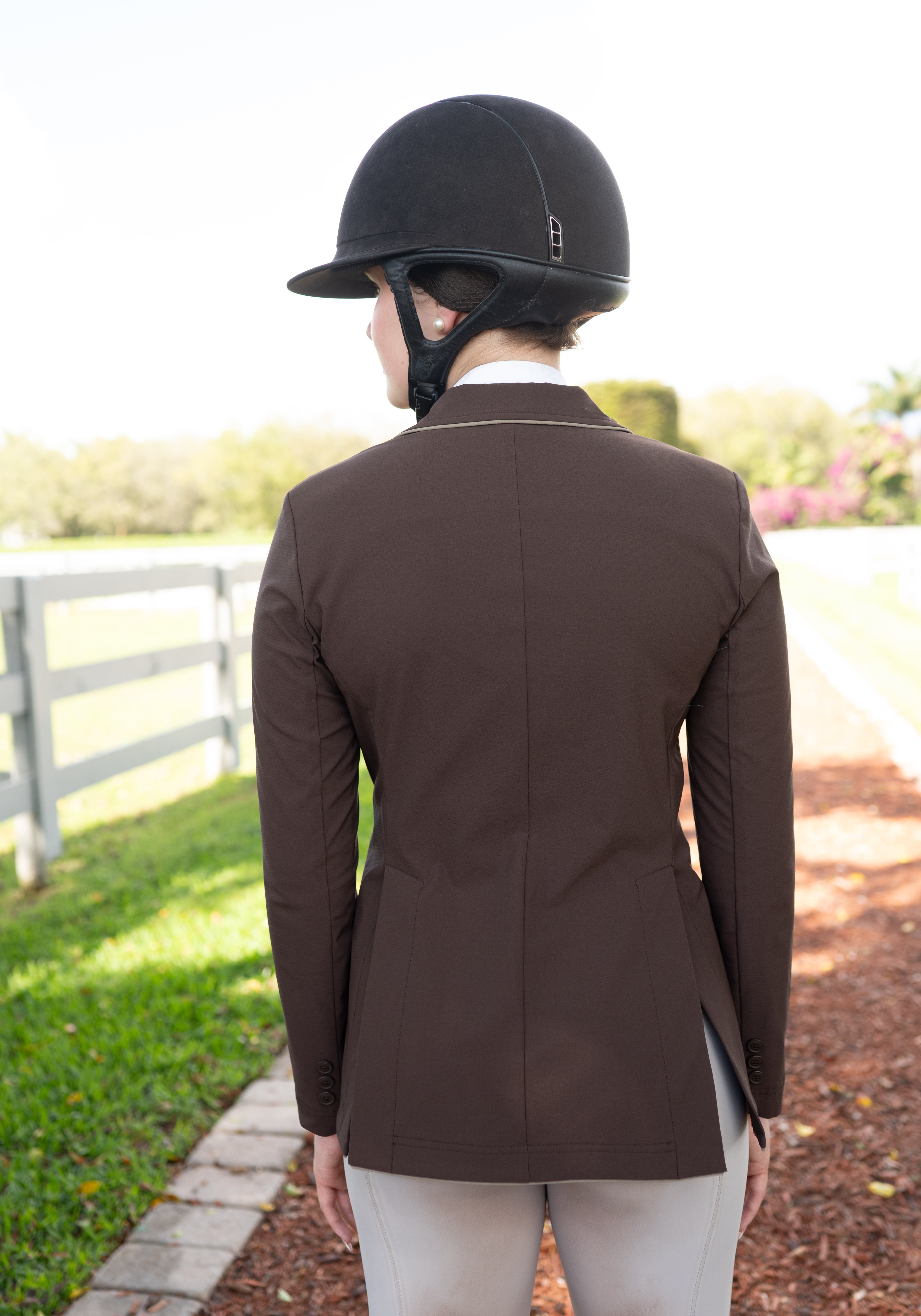 Grand Prix Ladies EQJ 3 Button Show Coat, Chocolate with Tan Piping - Equiluxe Tack
