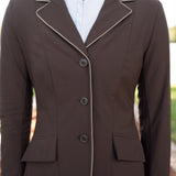 Grand Prix Ladies EQJ 3 Button Show Coat, Chocolate with Tan Piping - Equiluxe Tack