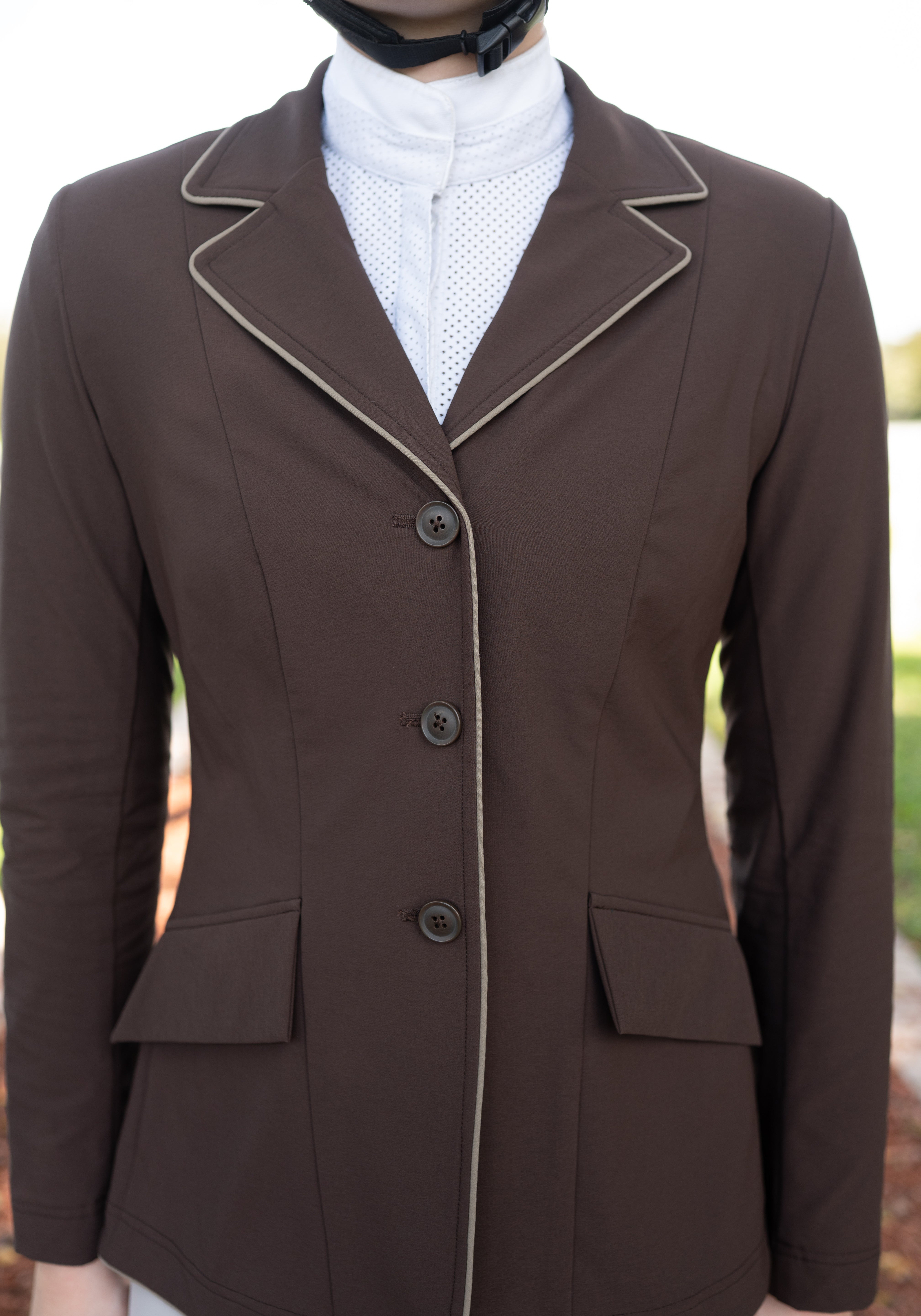 Grand Prix Ladies EQJ 3 Button Show Coat, Chocolate with Tan Piping - Equiluxe Tack