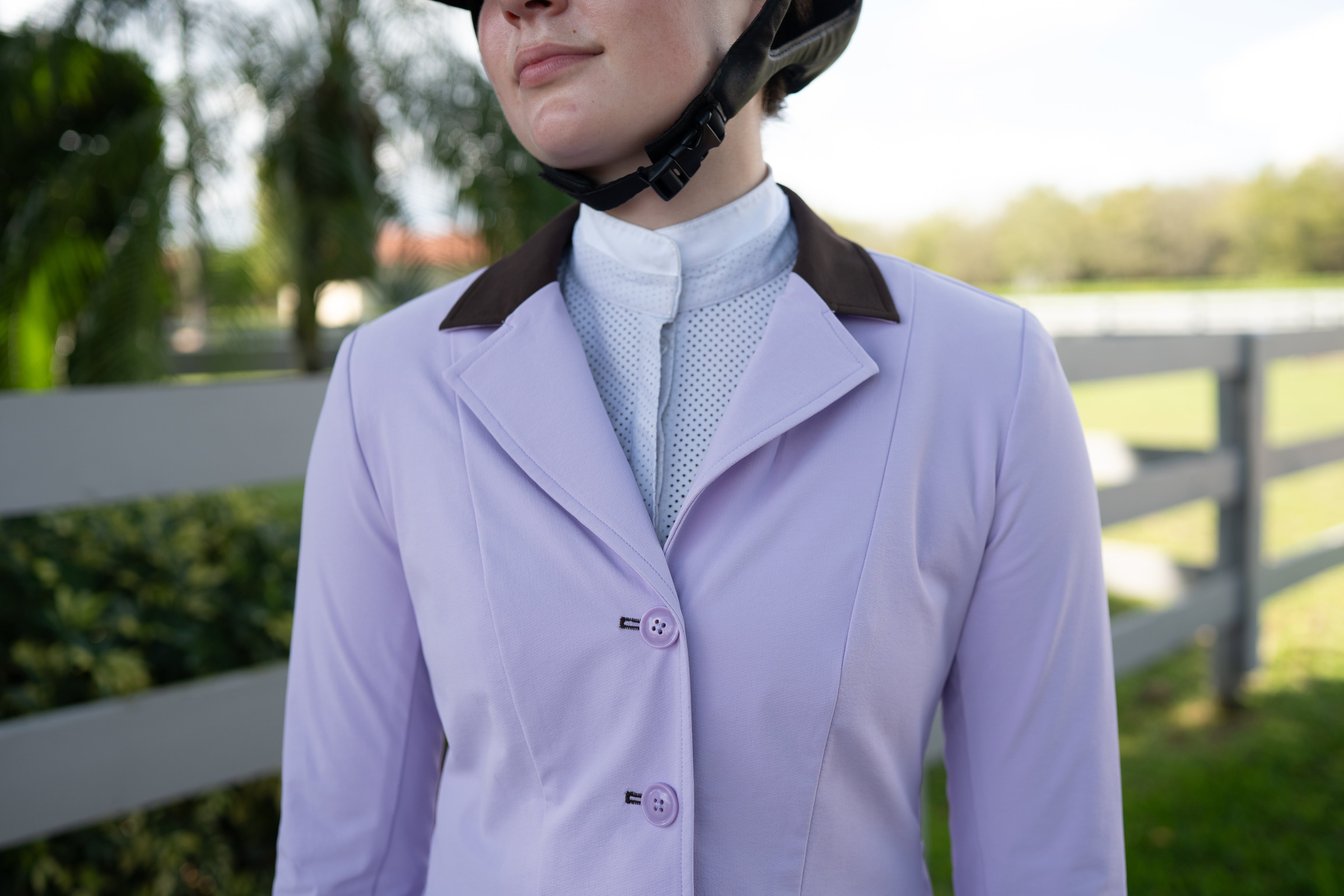 Grand Prix Ladies EQJ 3 Button Show Coat, Lilac with Chocolate Collar - Equiluxe Tack