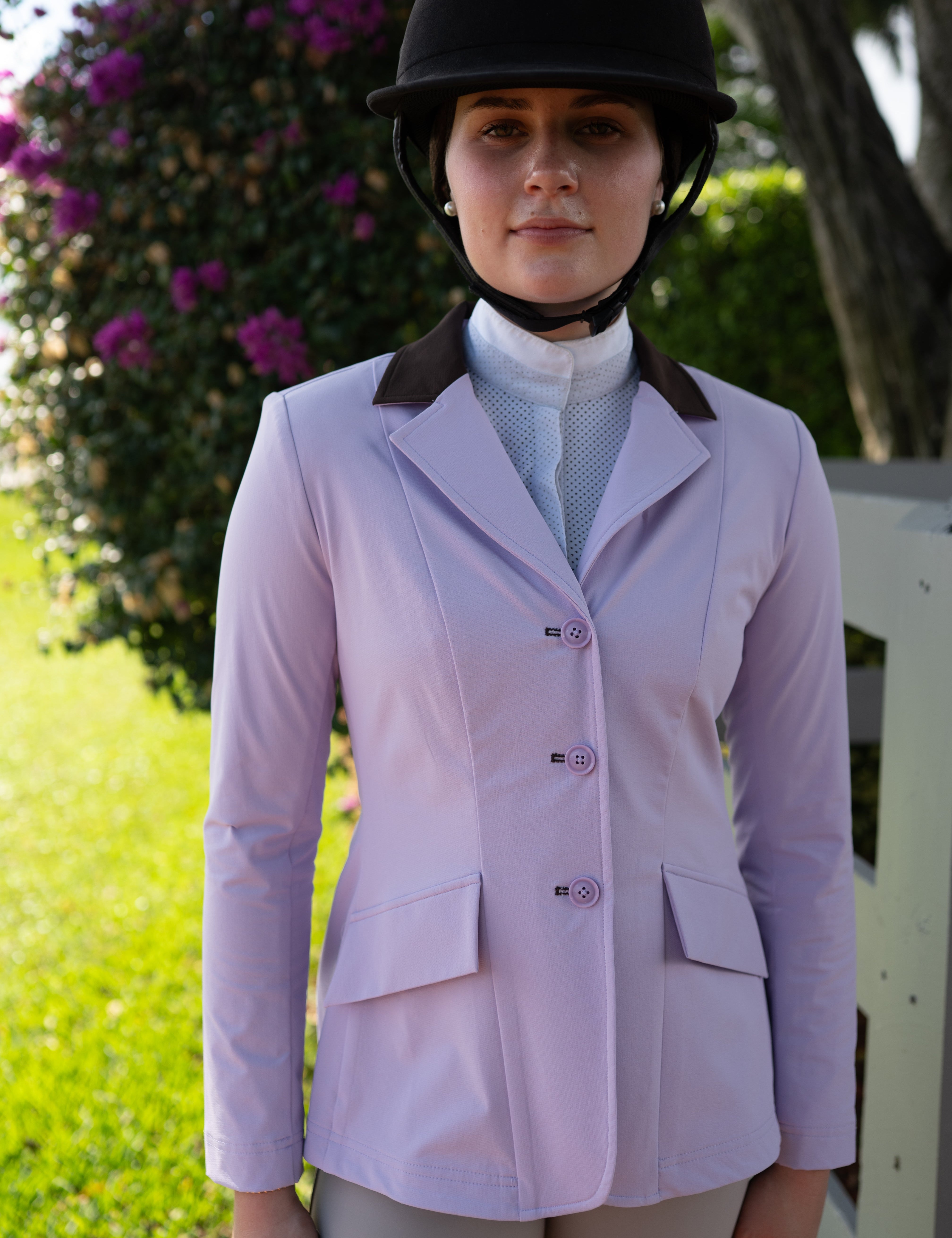 Grand Prix Ladies EQJ 3 Button Show Coat, Lilac with Chocolate Collar - Equiluxe Tack