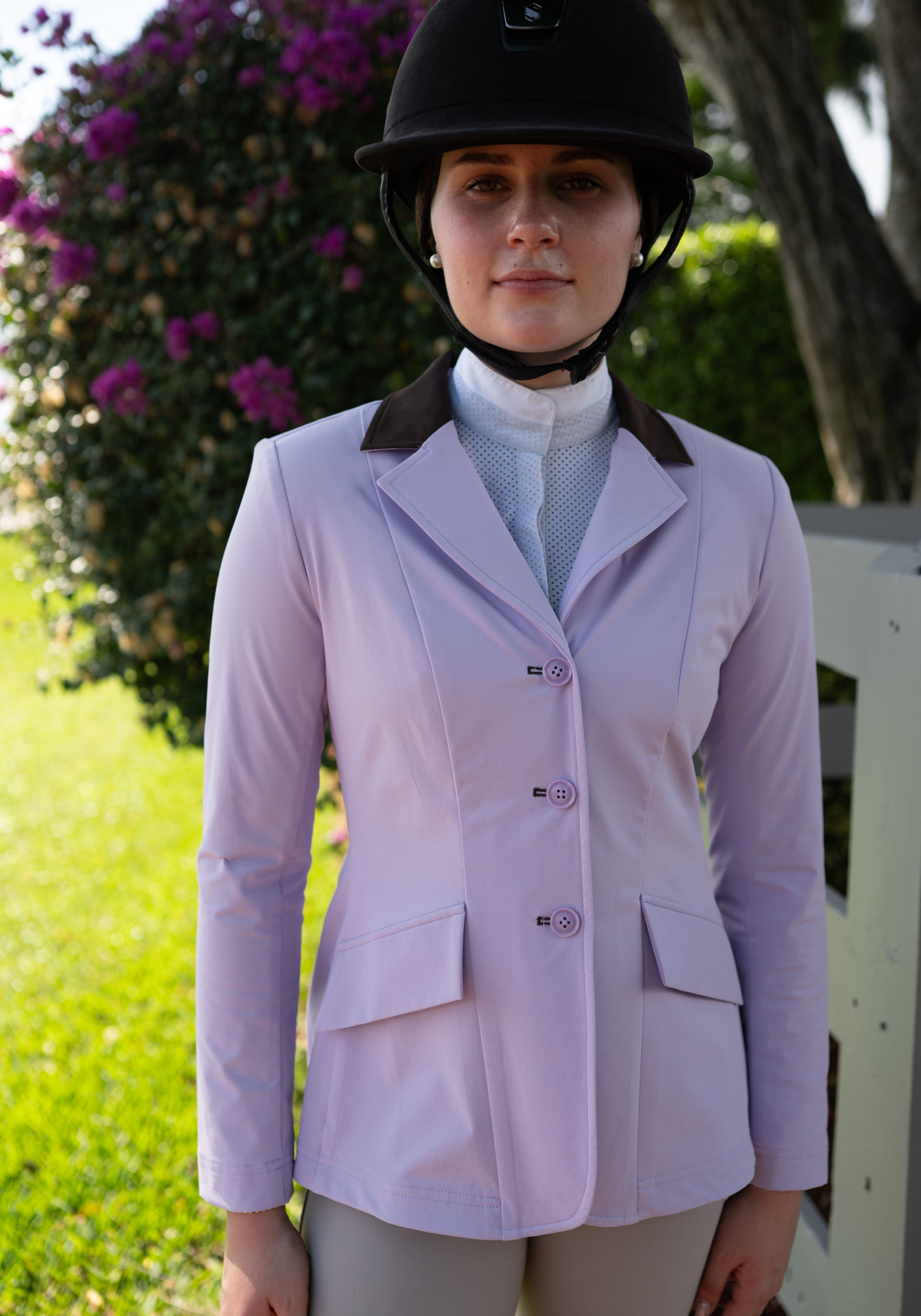 Grand Prix Ladies EQJ 3 Button Show Coat, Lilac with Chocolate Collar - Equiluxe Tack