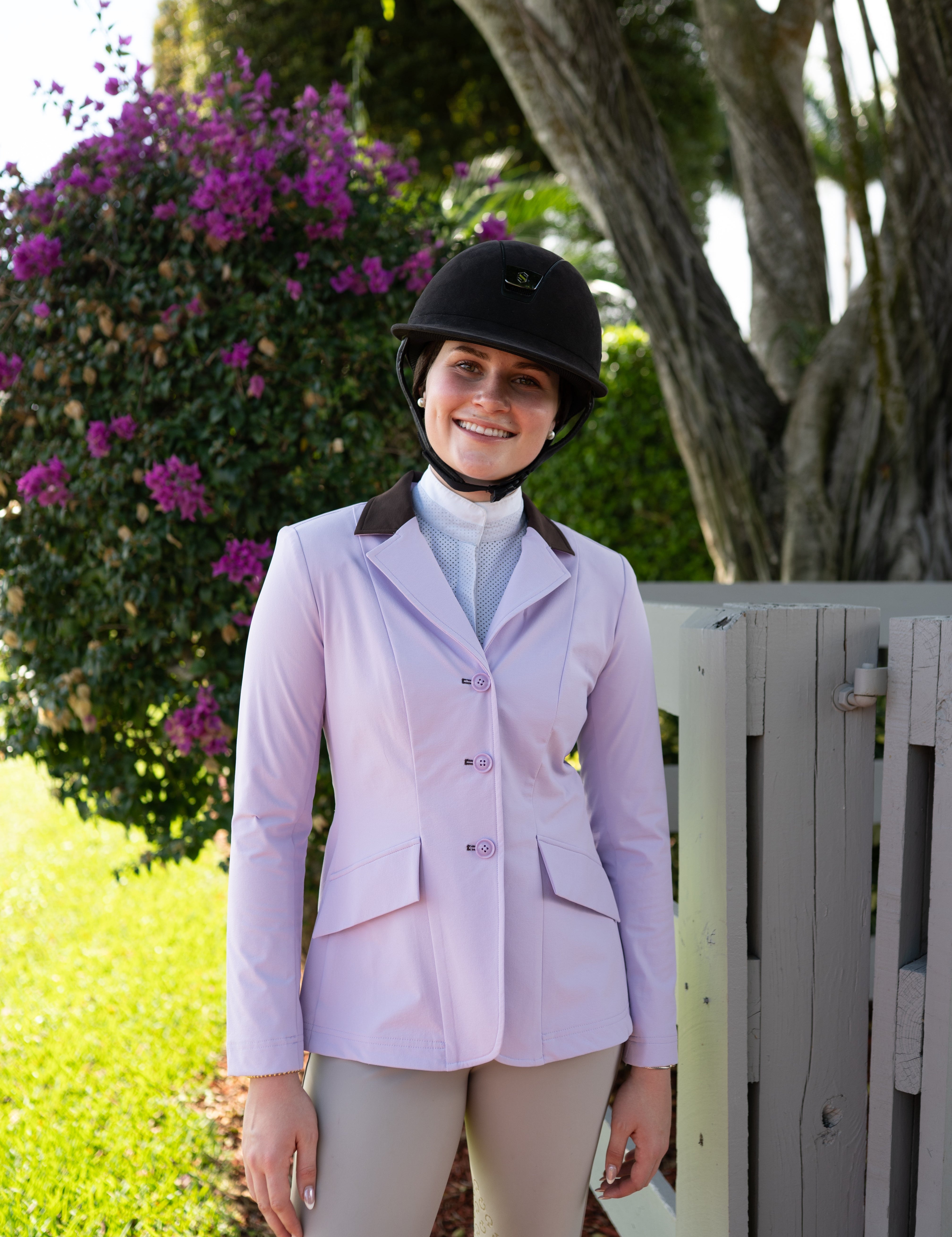 Grand Prix Ladies EQJ 3 Button Show Coat, Lilac with Chocolate Collar - Equiluxe Tack