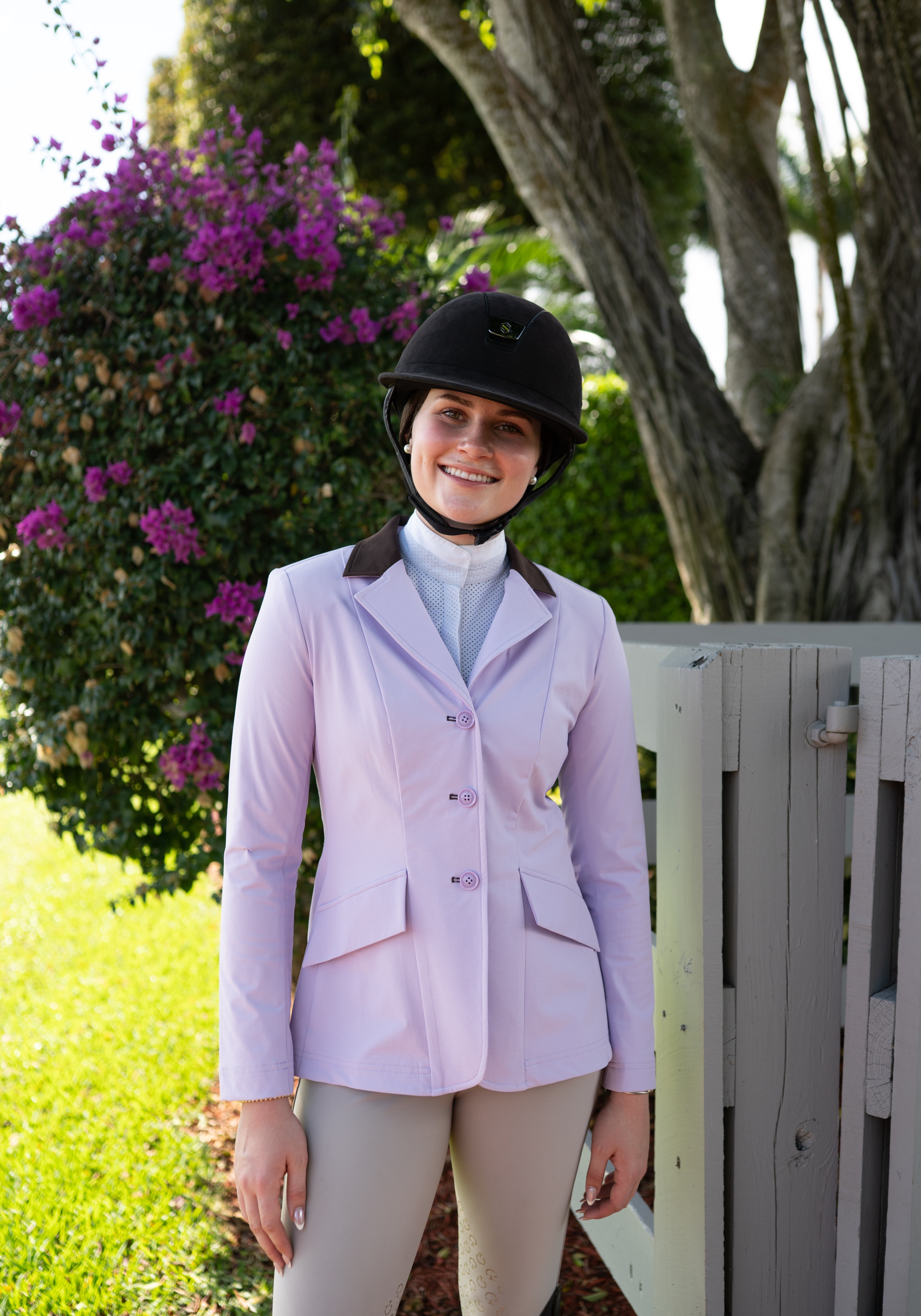 Grand Prix Ladies EQJ 3 Button Show Coat, Lilac with Chocolate Collar - Equiluxe Tack