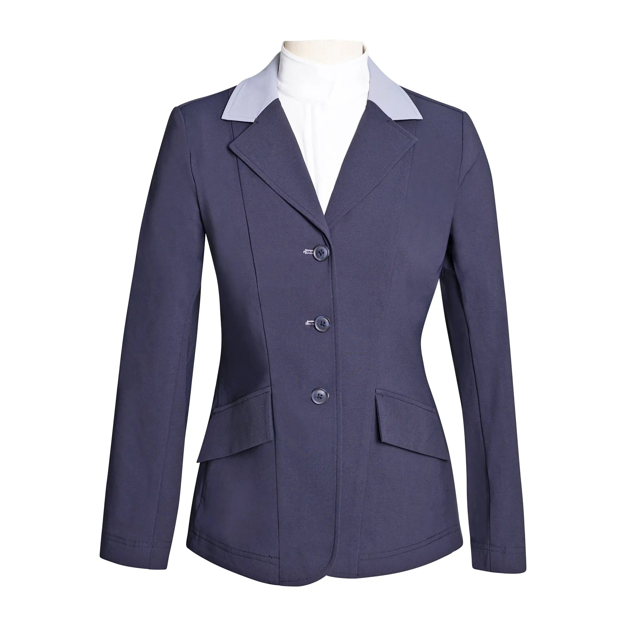 Grand Prix Ladies EQJ 3 Button Show Coat, Navy with Cadet Blue Collar - Equiluxe Tack
