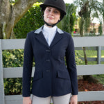 Grand Prix Ladies EQJ 3 Button Show Coat, Navy with Cadet Blue Collar - Equiluxe Tack