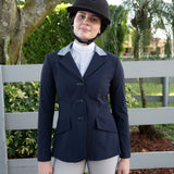 Grand Prix Ladies EQJ 3 Button Show Coat, Navy with Cadet Blue Collar - Equiluxe Tack