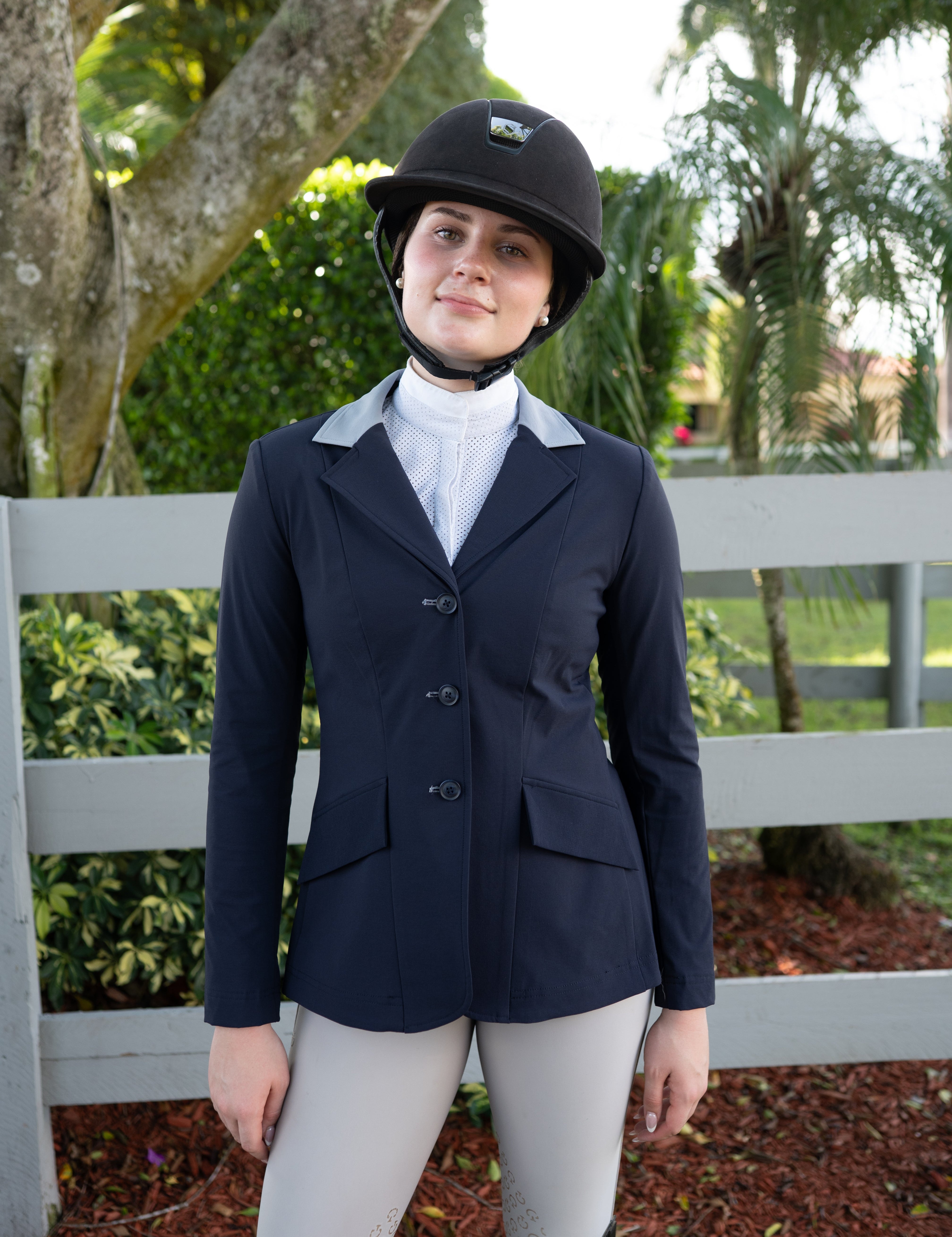 Grand Prix Ladies EQJ 3 Button Show Coat, Navy with Cadet Blue Collar - Equiluxe Tack