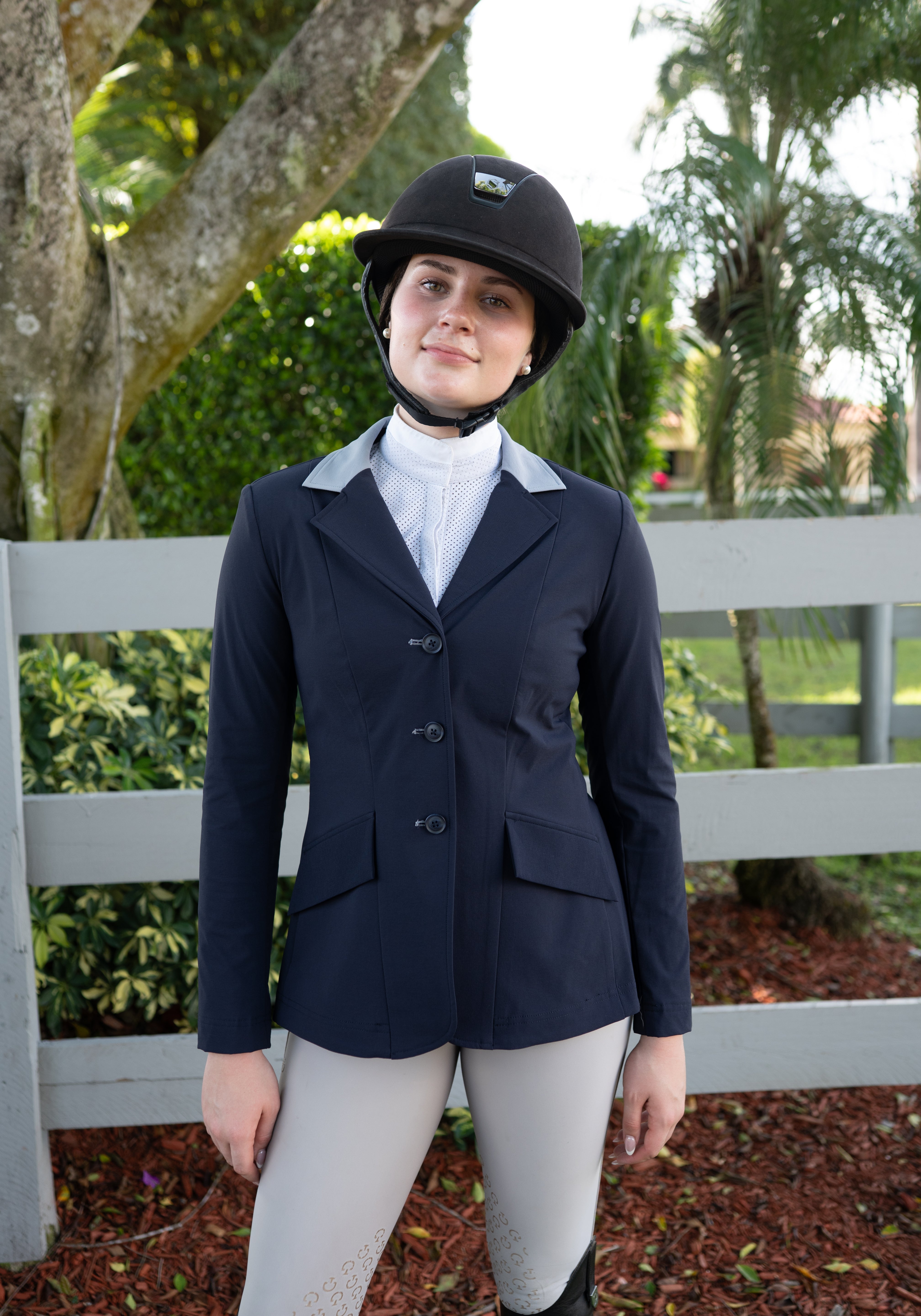 Grand Prix Ladies EQJ 3 Button Show Coat, Navy with Cadet Blue Collar - Equiluxe Tack