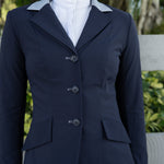 Grand Prix Ladies EQJ 3 Button Show Coat, Navy with Cadet Blue Collar - Equiluxe Tack