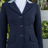 Grand Prix Ladies EQJ 3 Button Show Coat, Navy with Cadet Blue Collar - Equiluxe Tack