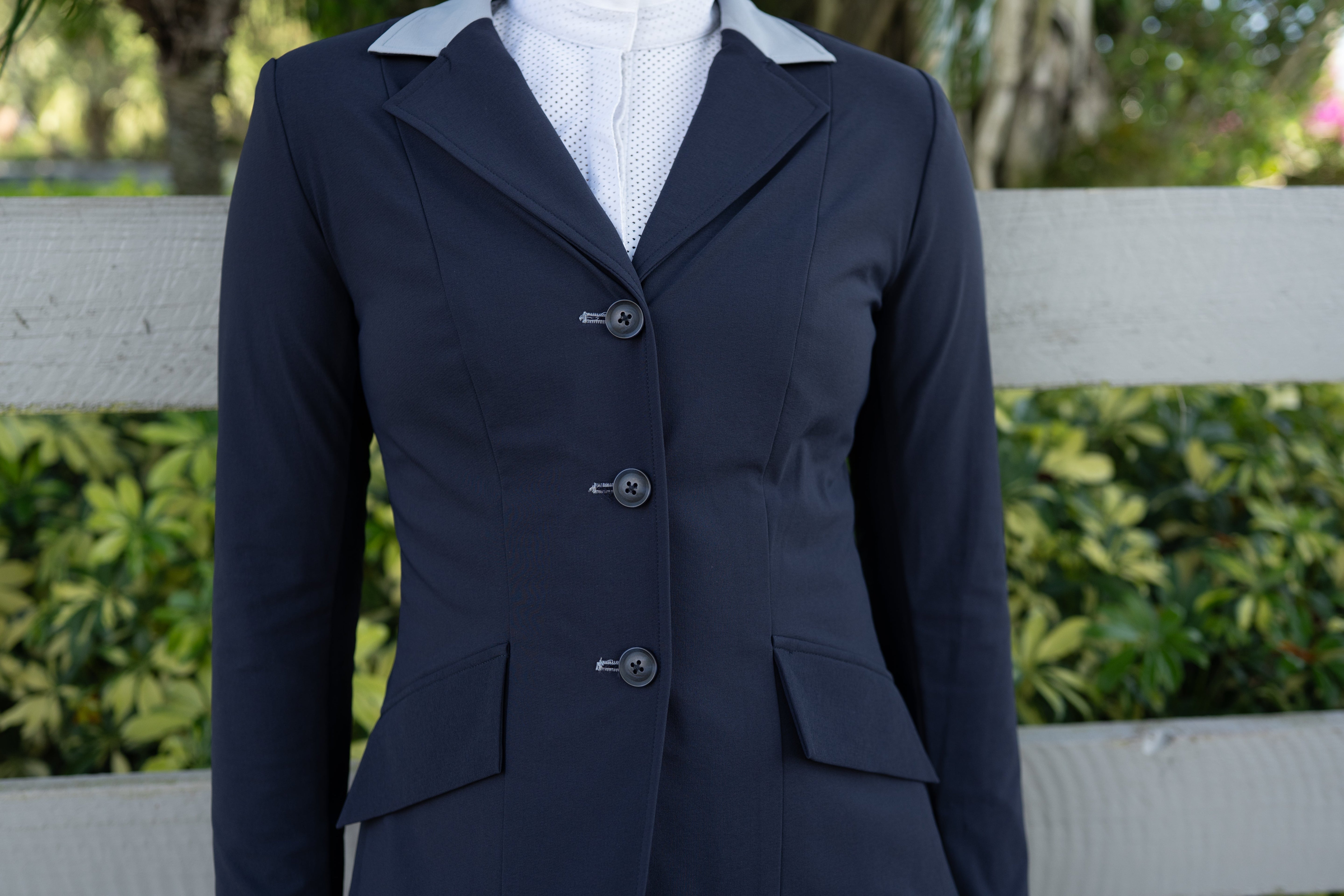 Grand Prix Ladies EQJ 3 Button Show Coat, Navy with Cadet Blue Collar - Equiluxe Tack