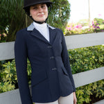 Grand Prix Ladies EQJ 3 Button Show Coat, Navy with Cadet Blue Collar - Equiluxe Tack