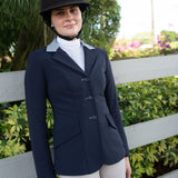 Grand Prix Ladies EQJ 3 Button Show Coat, Navy with Cadet Blue Collar - Equiluxe Tack