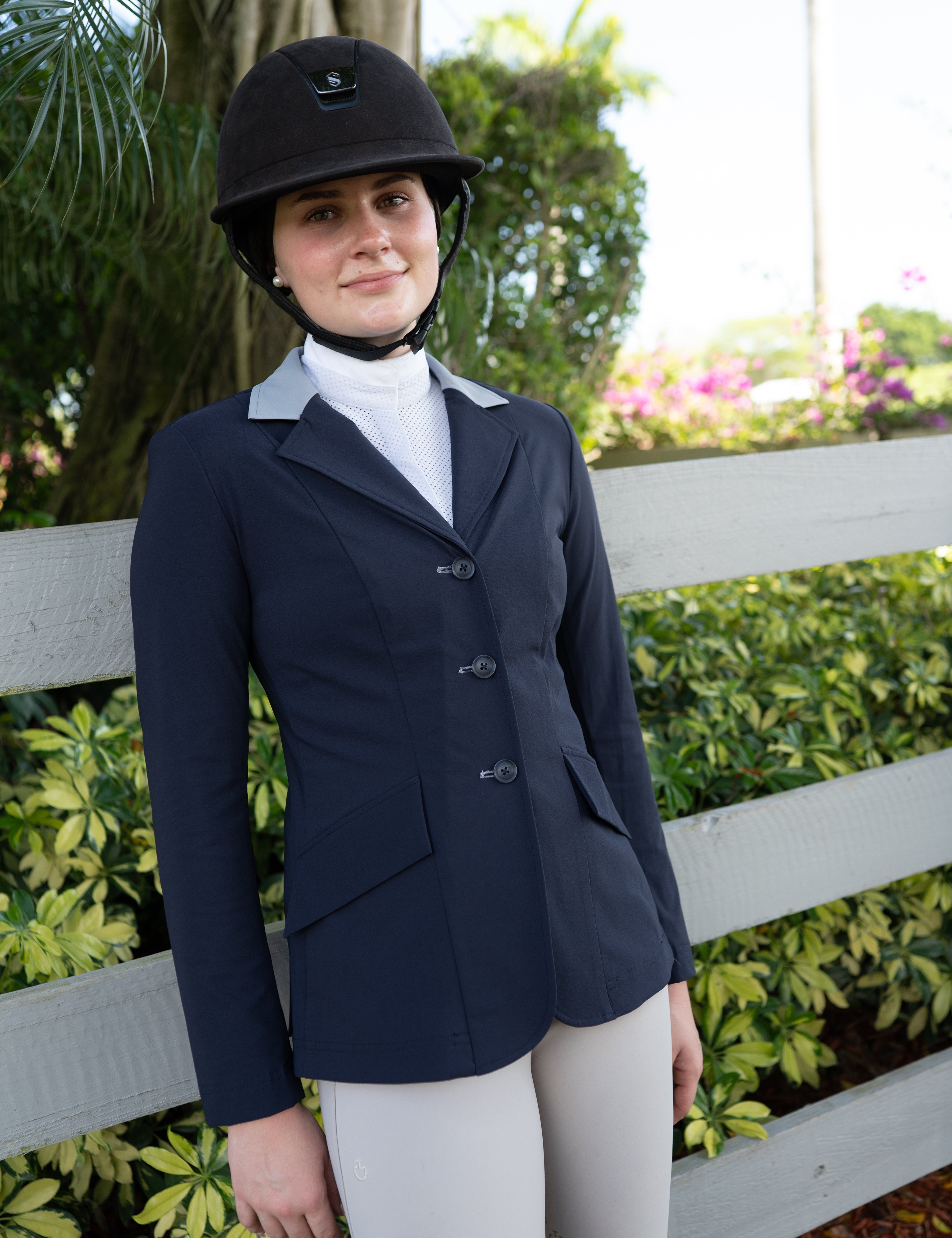 Grand Prix Ladies EQJ 3 Button Show Coat, Navy with Cadet Blue Collar - Equiluxe Tack