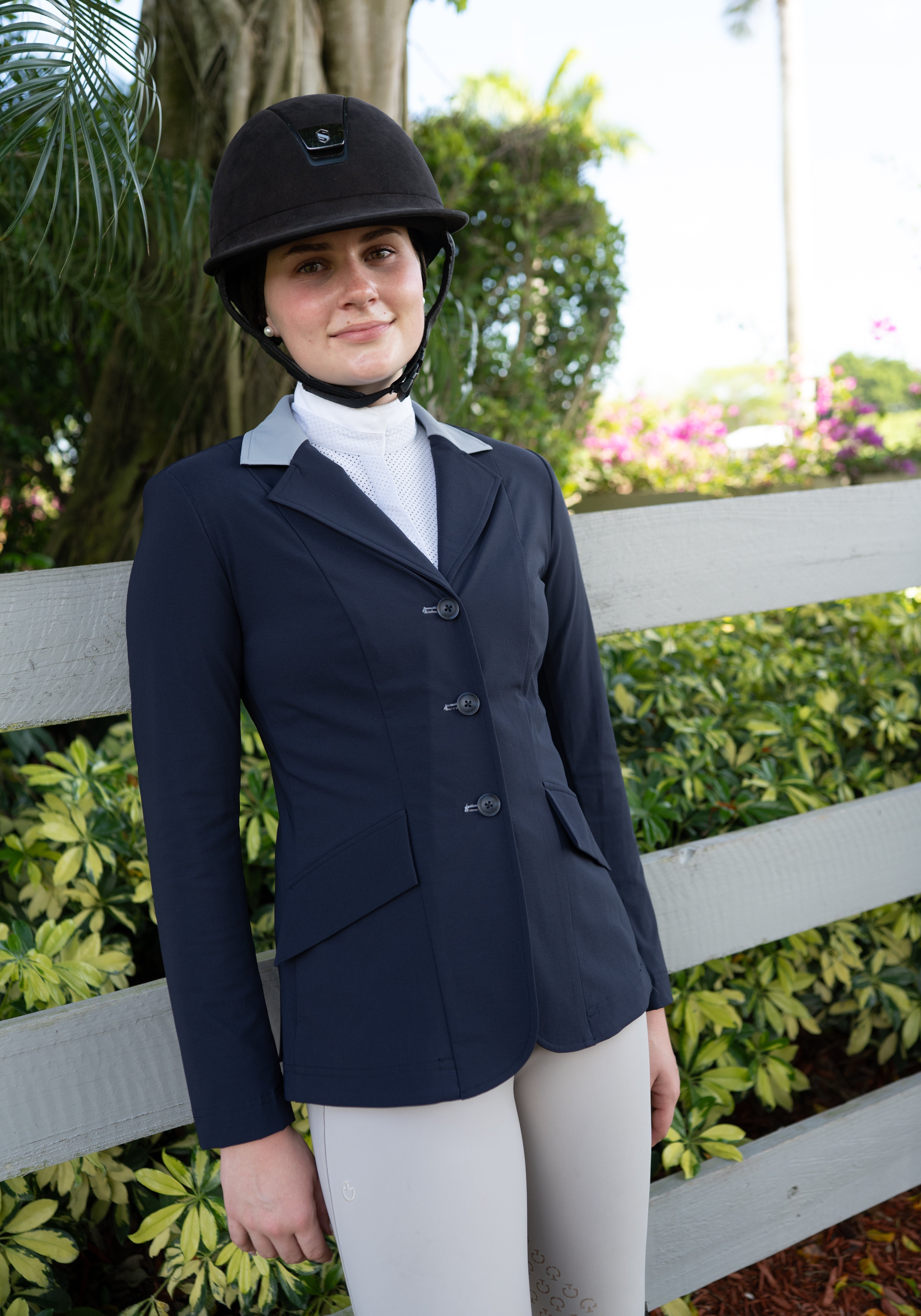 Grand Prix Ladies EQJ 3 Button Show Coat, Navy with Cadet Blue Collar - Equiluxe Tack
