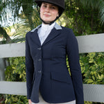 Grand Prix Ladies EQJ 3 Button Show Coat, Navy with Cadet Blue Collar - Equiluxe Tack