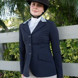 Grand Prix Ladies EQJ 3 Button Show Coat, Navy with Cadet Blue Collar - Equiluxe Tack