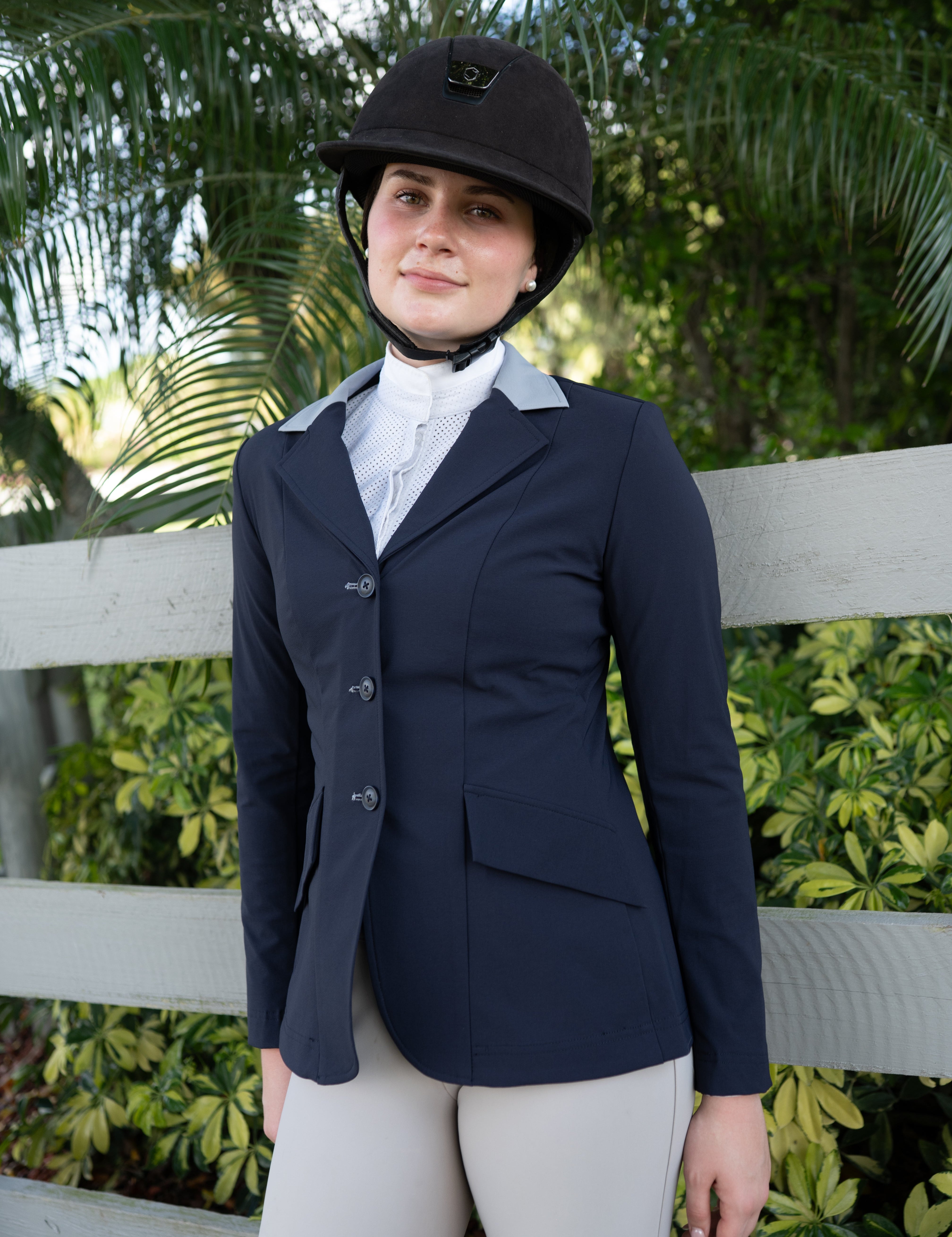Grand Prix Ladies EQJ 3 Button Show Coat, Navy with Cadet Blue Collar - Equiluxe Tack
