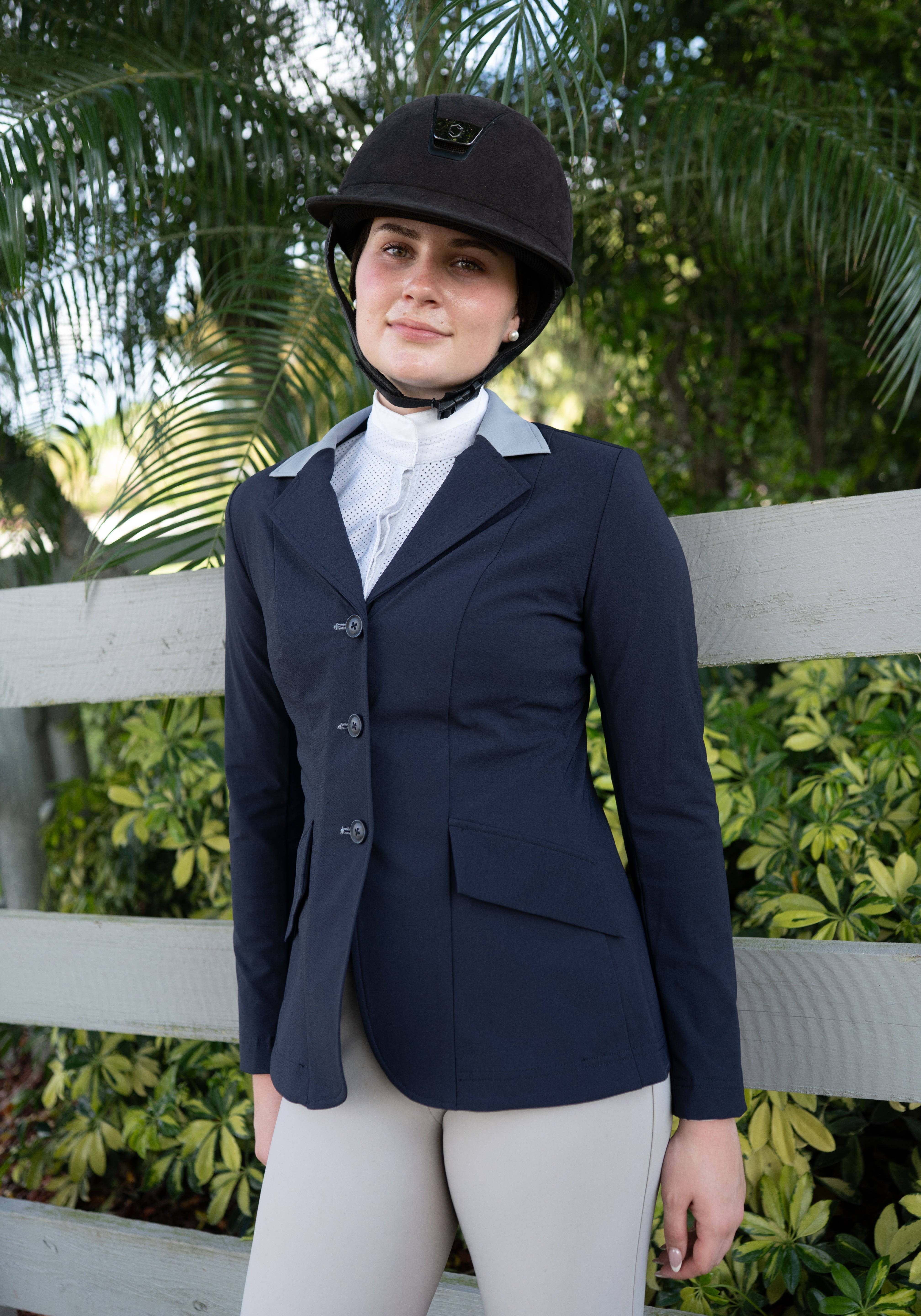 Grand Prix Ladies EQJ 3 Button Show Coat, Navy with Cadet Blue Collar - Equiluxe Tack